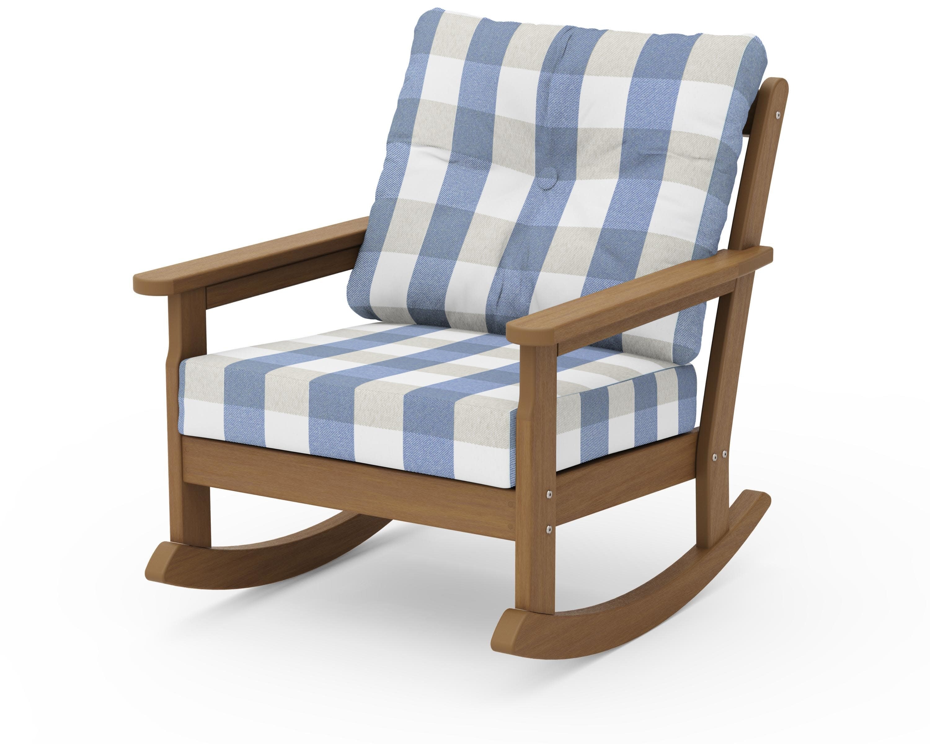 Vineyard Deep Seating Rocking Chair in Natural / Buffalo Plaid Sky Blue