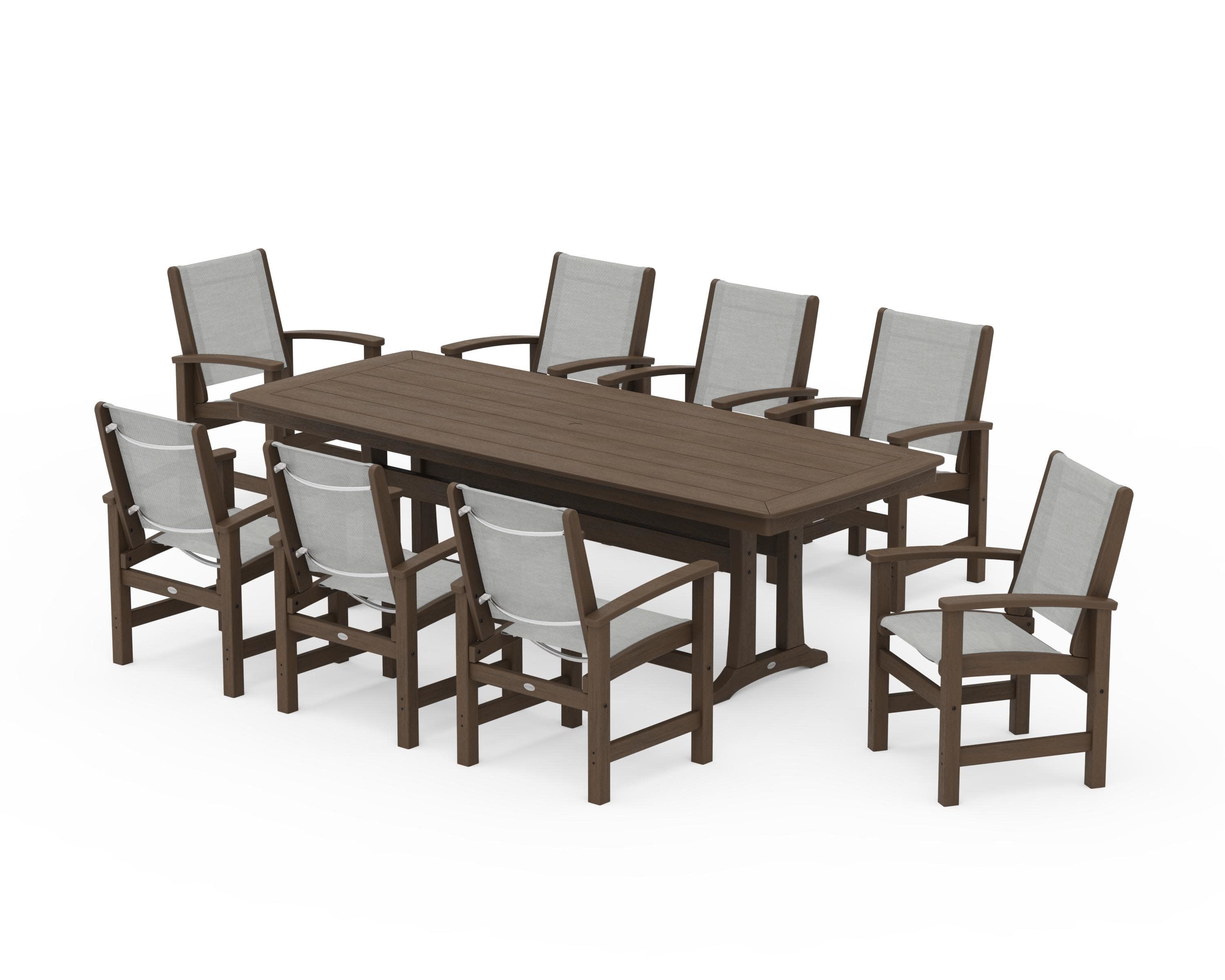 Coastal 9-Piece Dining Set with Trestle Legs in Kona / Metallic Sling