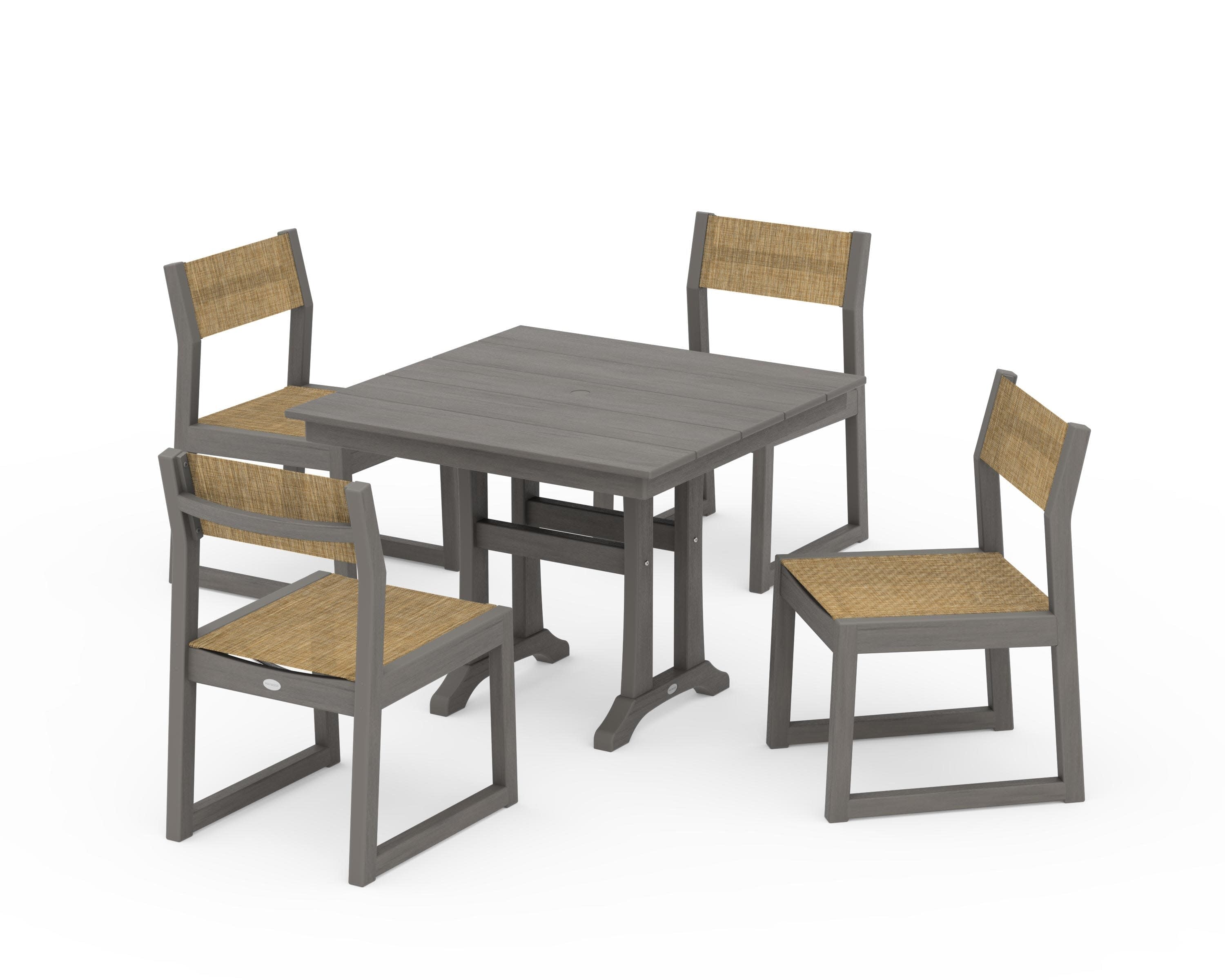 EDGE Sling 5-Piece Farmhouse Trestle Side Chair Dining Set in Driftwood / Burlap Sling