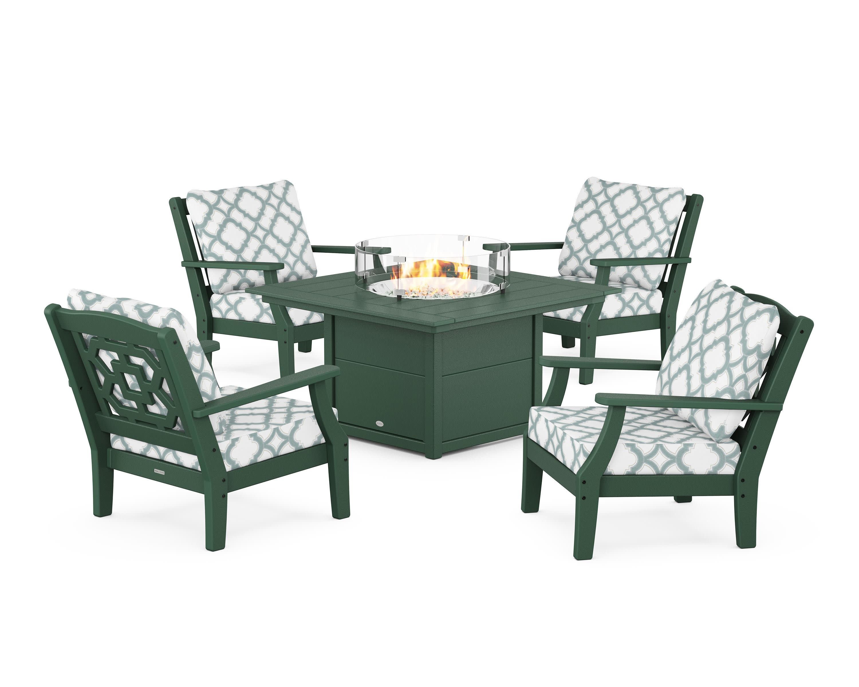 Chinoiserie 5-Piece Deep Seating Set with Fire Pit Table in Green / Trellis Glacier Spa