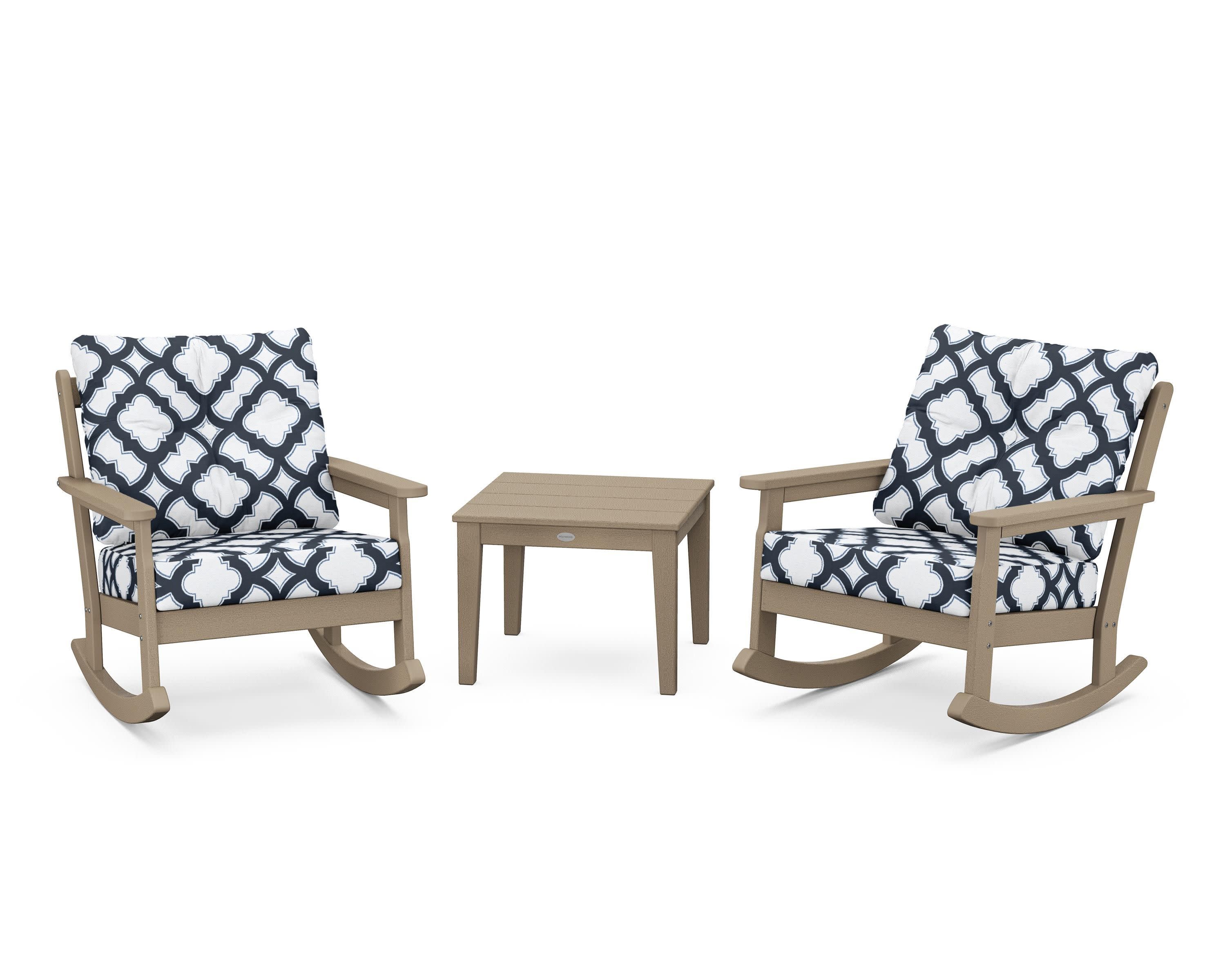 Vineyard 3-Piece Deep Seating Rocker Set in Vintage Sahara / Trellis Marine Indigo