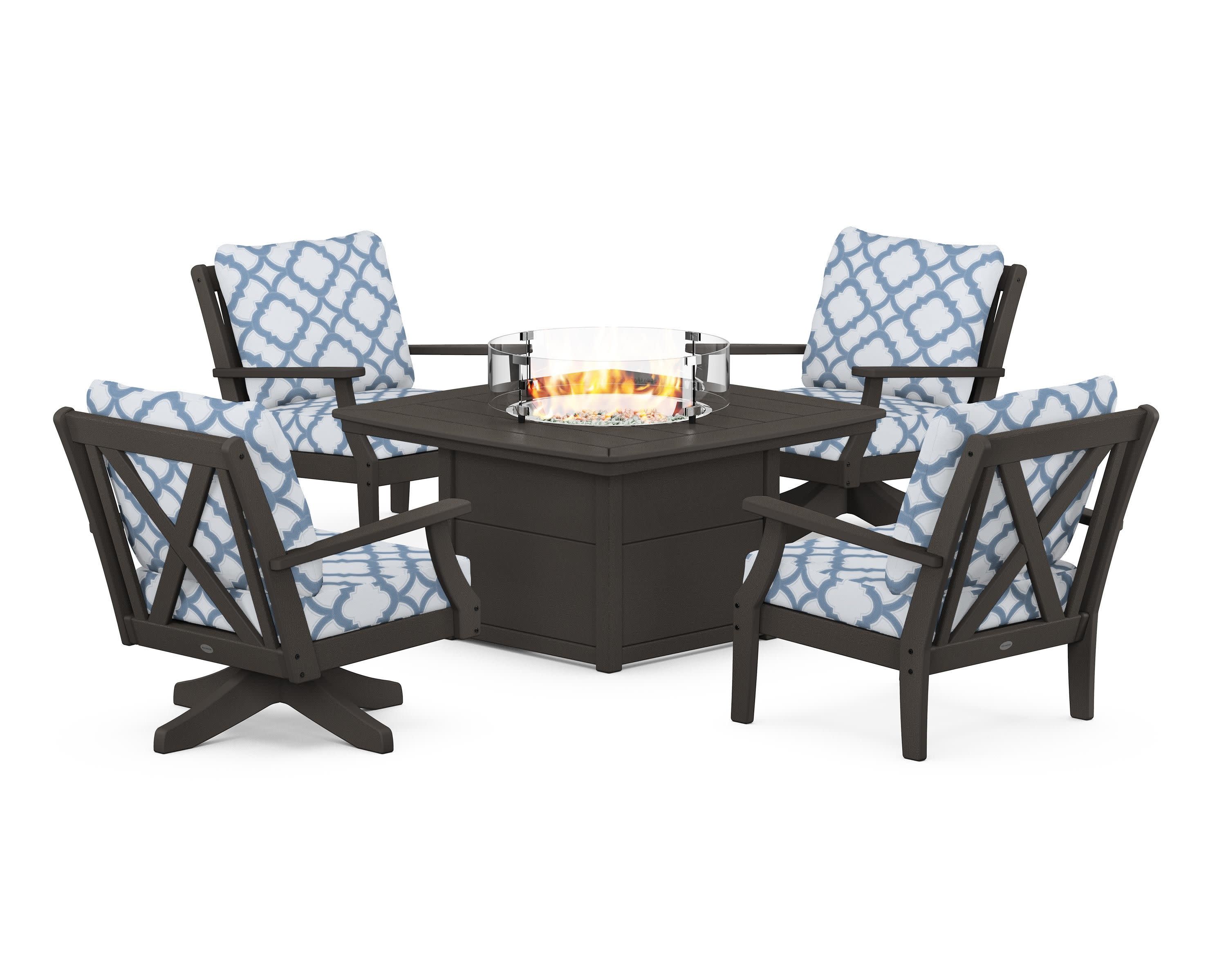 Braxton 5-Piece Deep Seating Set with Fire Table in Vintage Coffee / Trellis Sky Blue