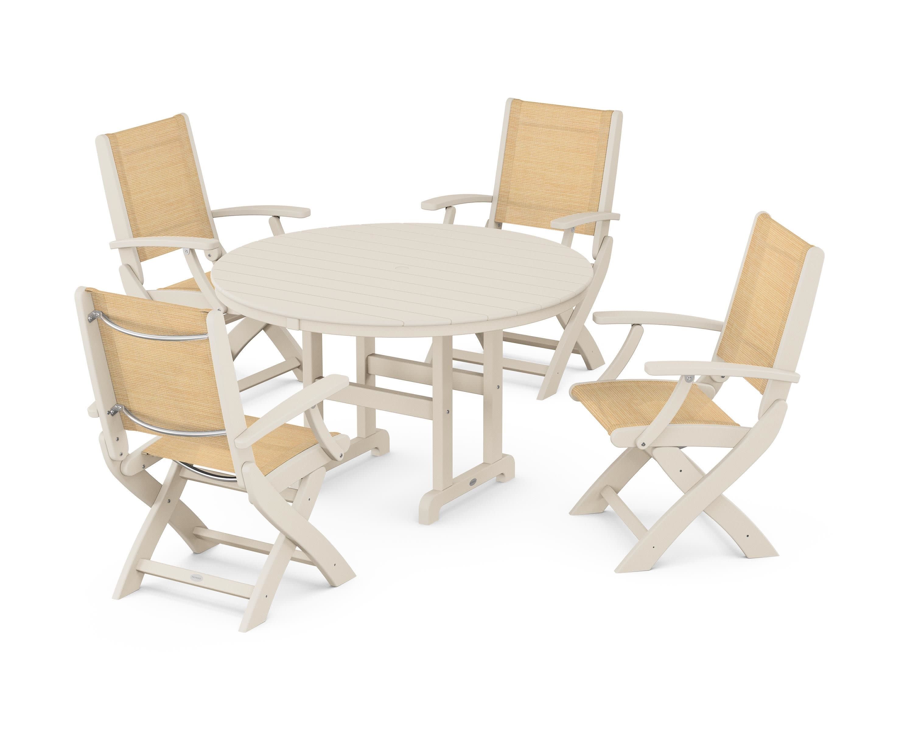 Coastal Folding Chair 5-Piece Round Dining Set in Sand / Dupioni Apricot Sling