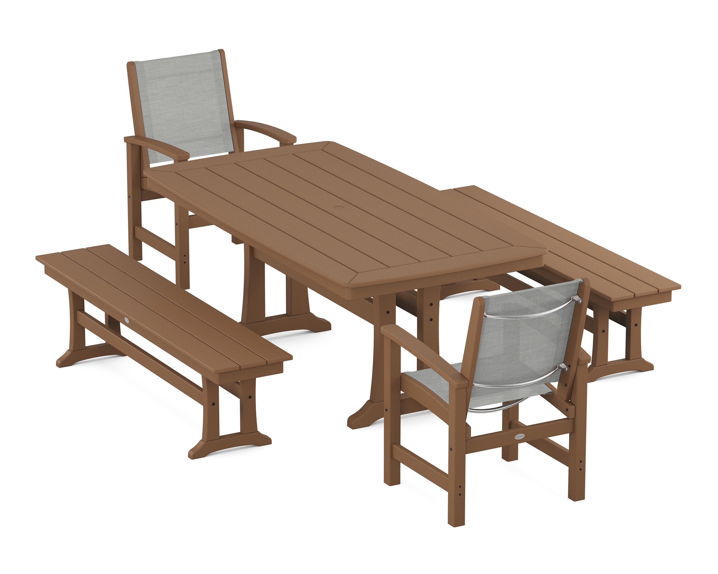 Coastal 5-Piece Dining Set with Trestle Legs and Benches in Teak / Metallic Sling