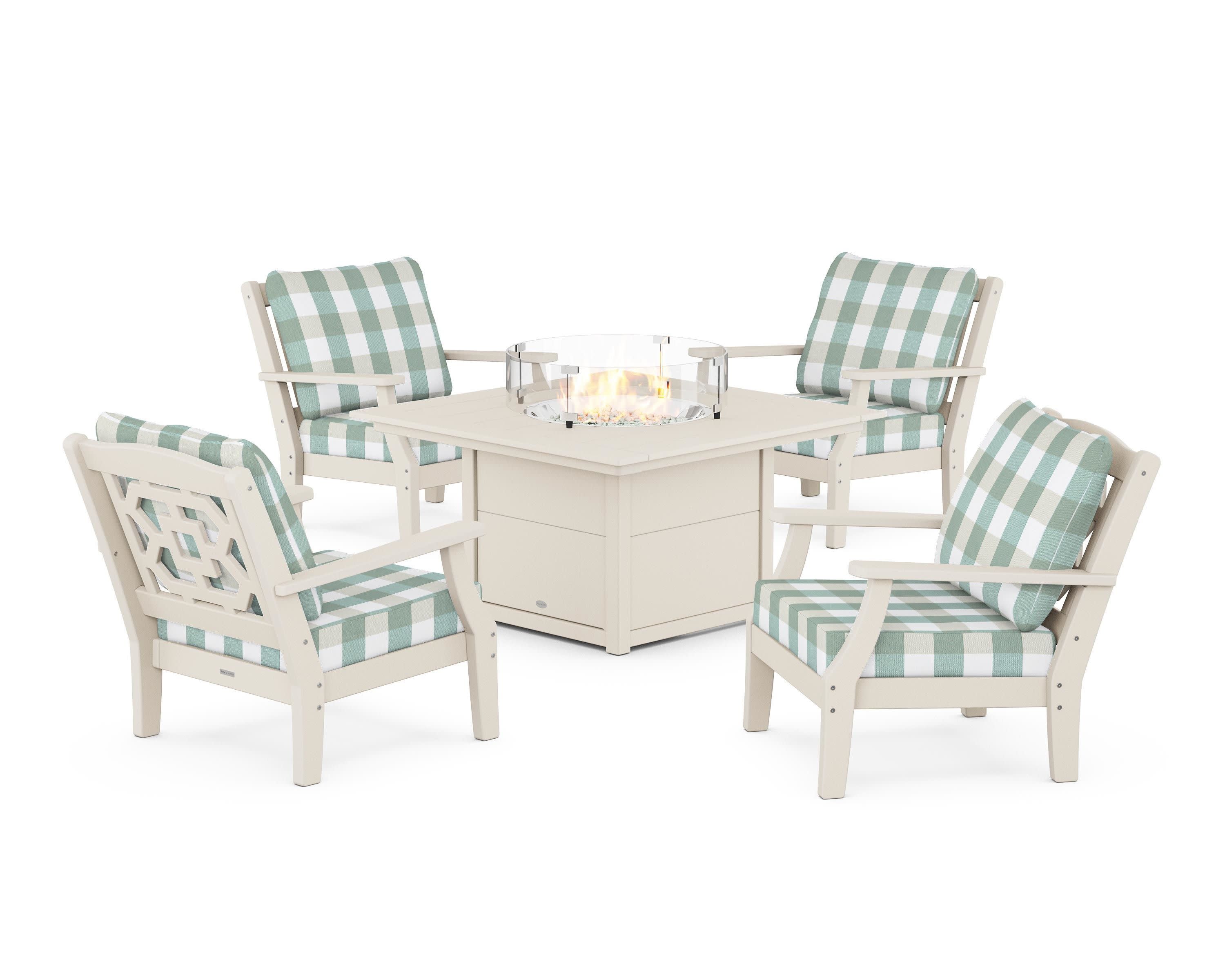 Chinoiserie 5-Piece Deep Seating Set with Fire Pit Table in Sand / Buffalo Plaid Glacier Spa