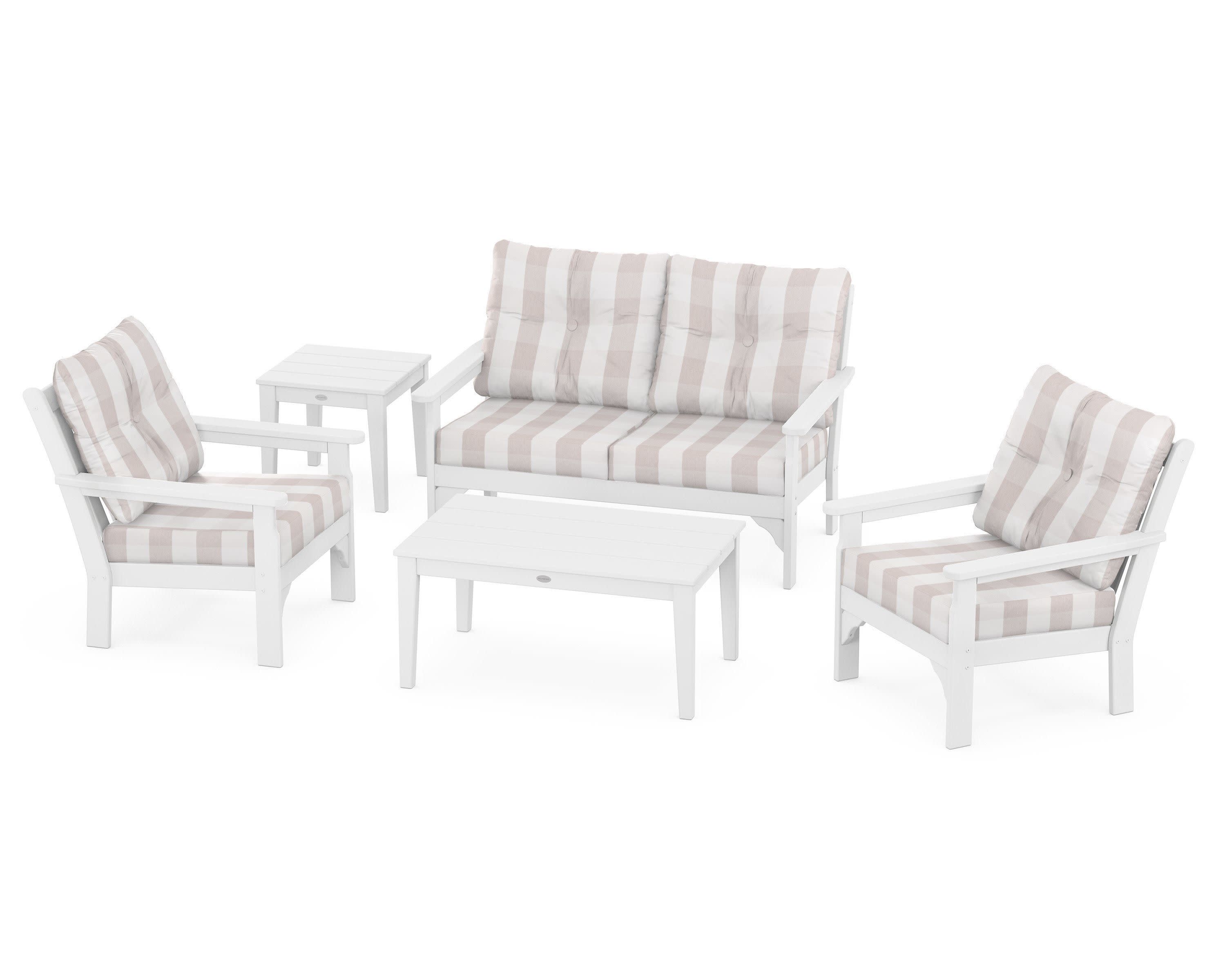 Vineyard 5-Piece Deep Seating Set in White / Buffalo Plaid Dune Burlap