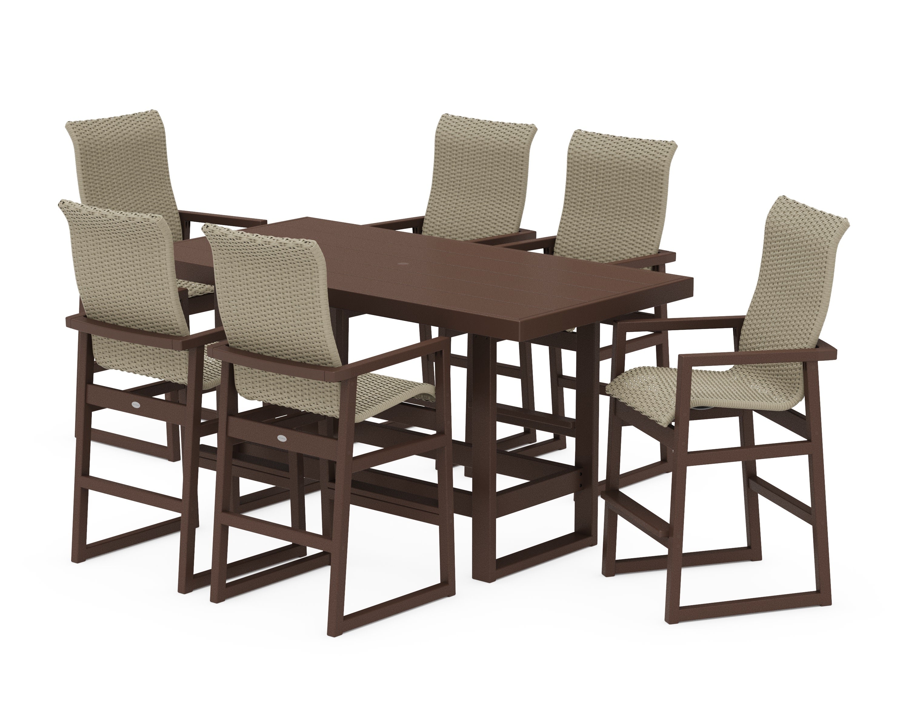 EDGE Woven Highback Arm Chair 7-Piece Bar Set in Mahogany / Dune Grass