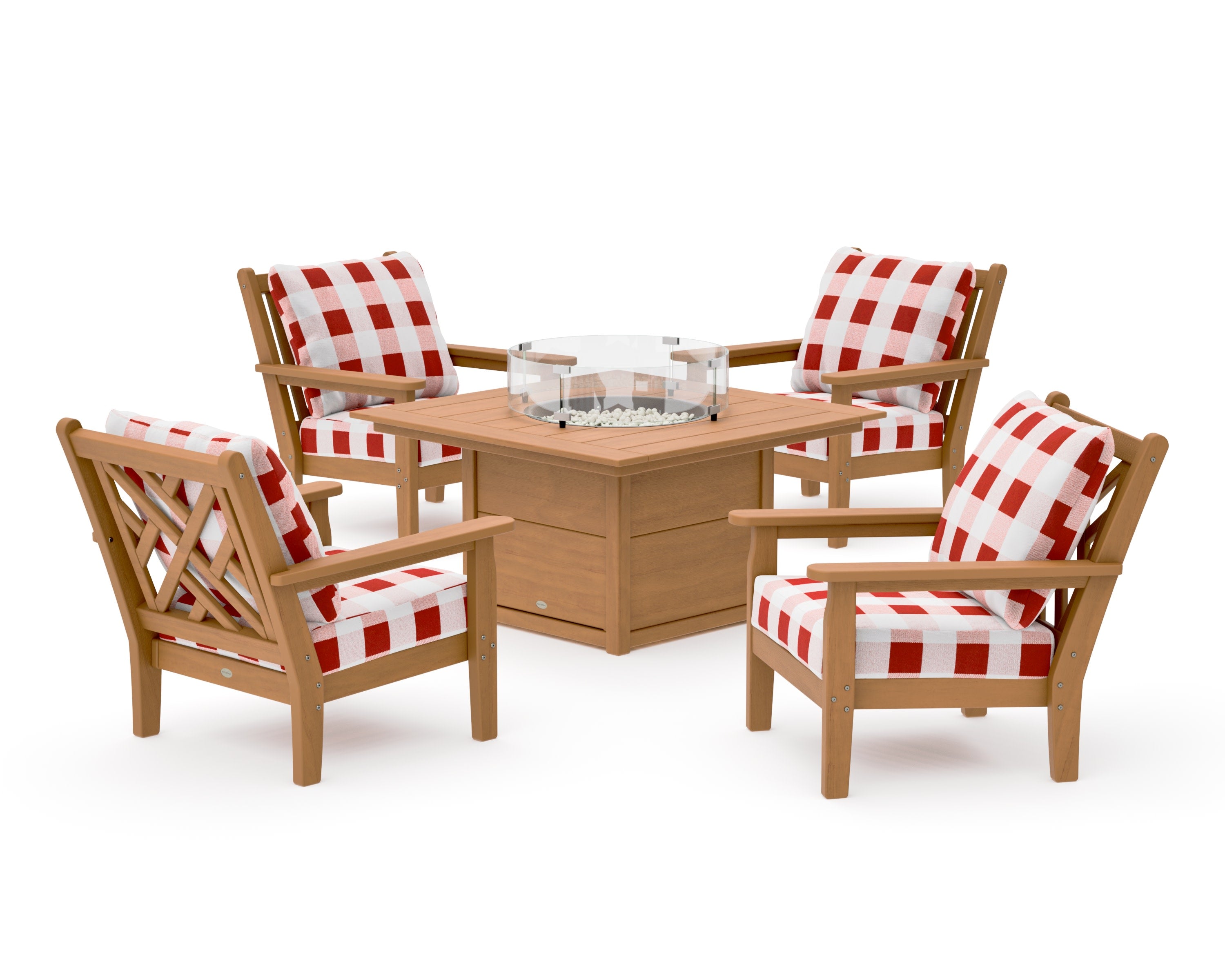 Chippendale 5-Piece Deep Seating Set with Fire Pit Table in Natural / Buffalo Plaid Crimson