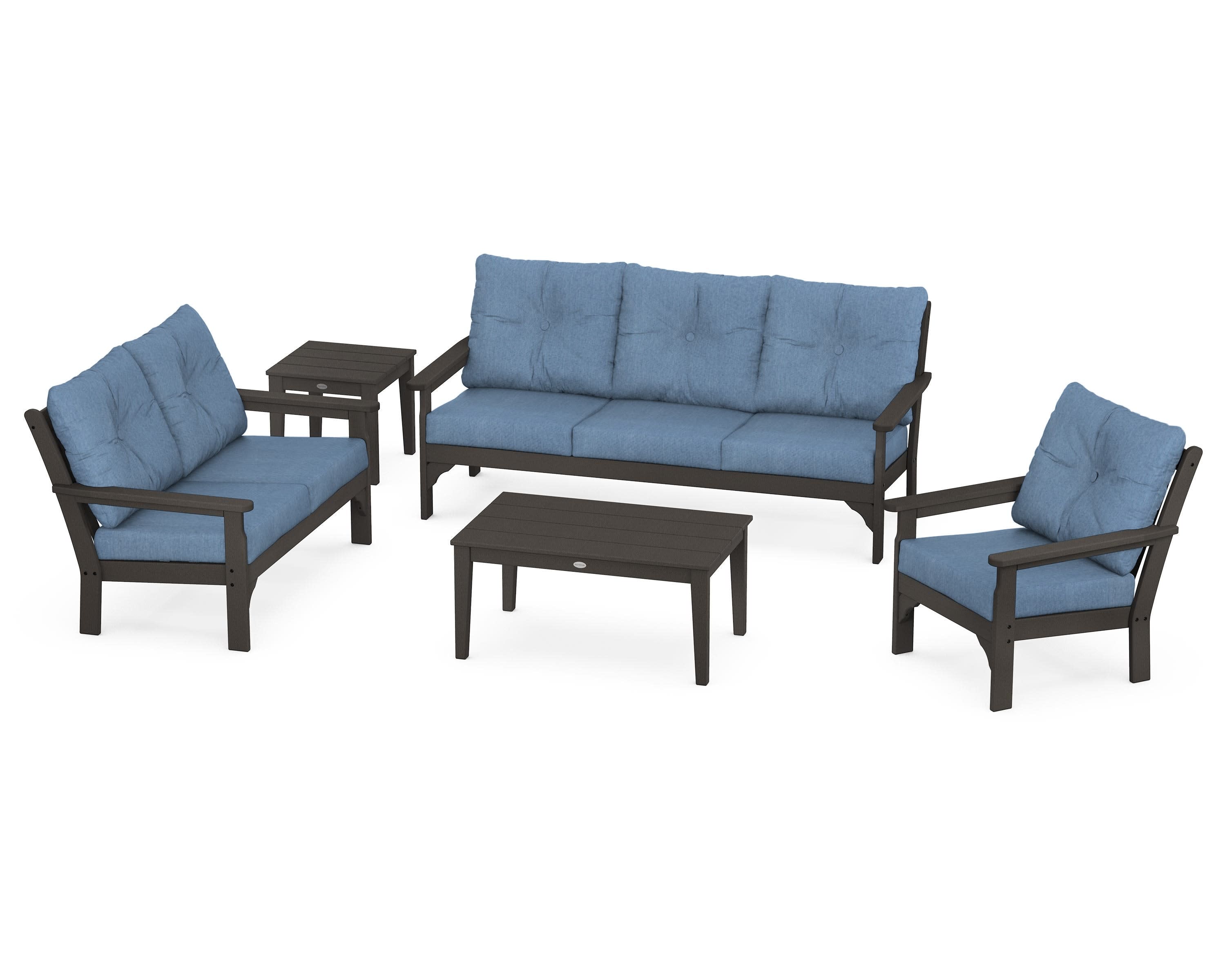 Vineyard 5 Piece Deep Seating Set in Vintage Coffee / Sky Blue