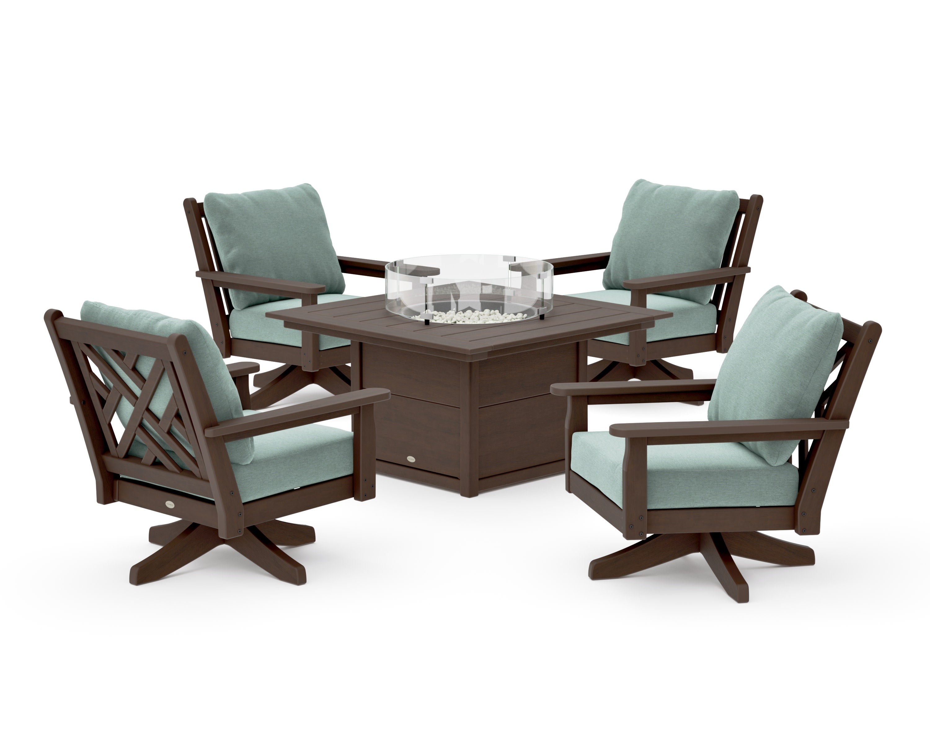 Chippendale 5-Piece Deep Seating Swivel Conversation Set with Fire Pit Table in Kona / Glacier Spa