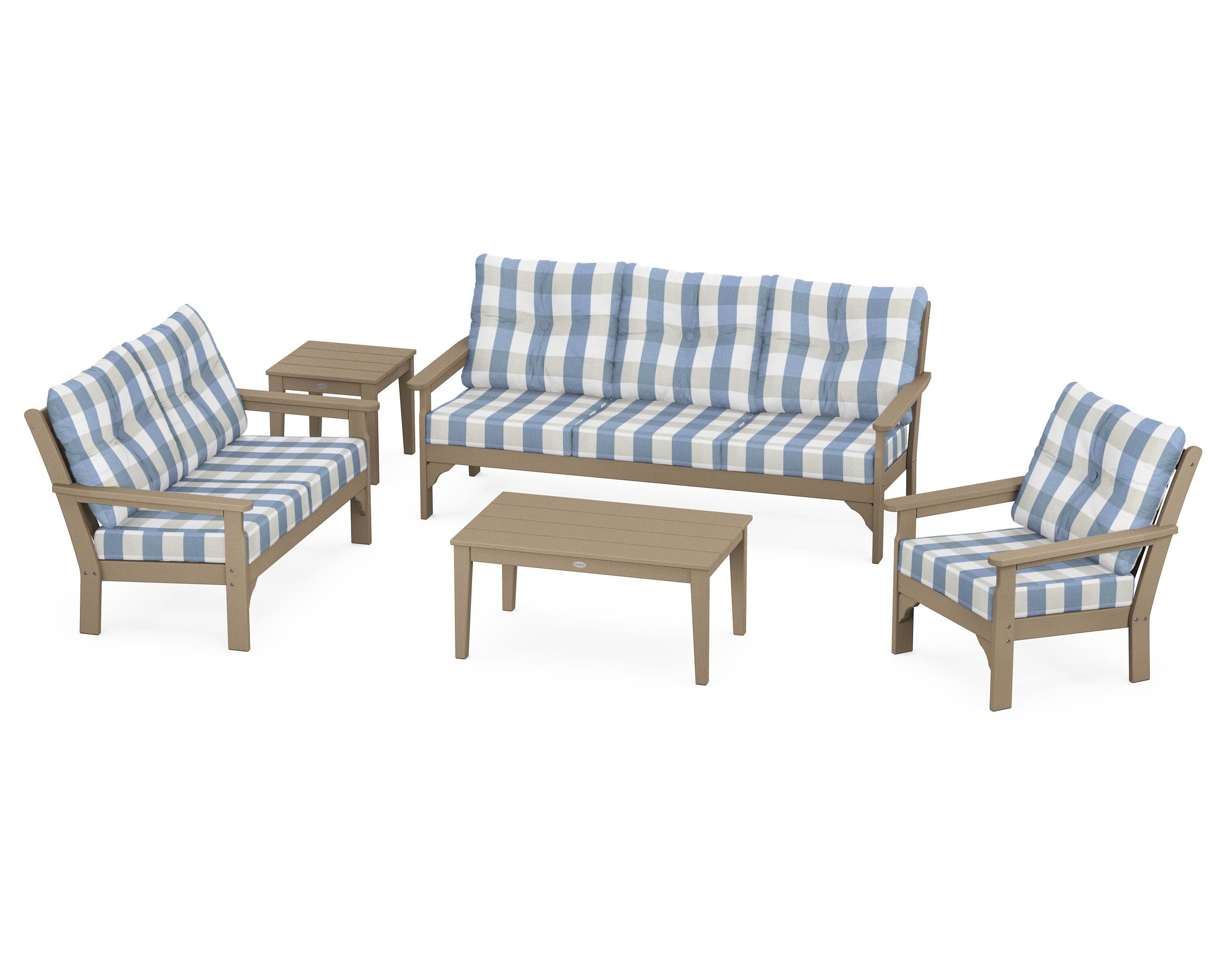 Vineyard 5 Piece Deep Seating Set in Vintage Sahara / Buffalo Plaid Sky Blue