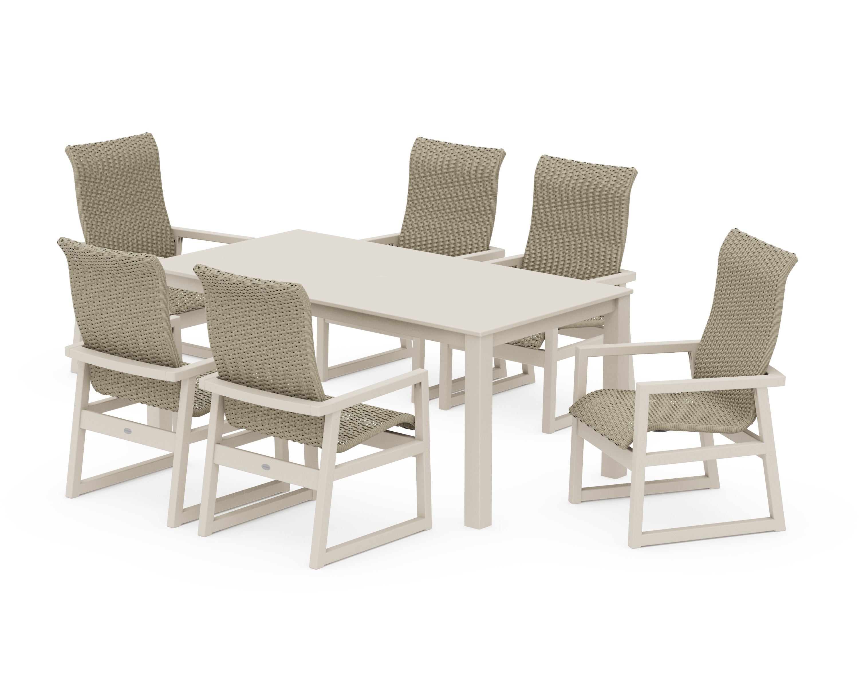 EDGE Woven Highback Arm Chair 7-Piece Parsons Dining Set in Sand / Dune Grass