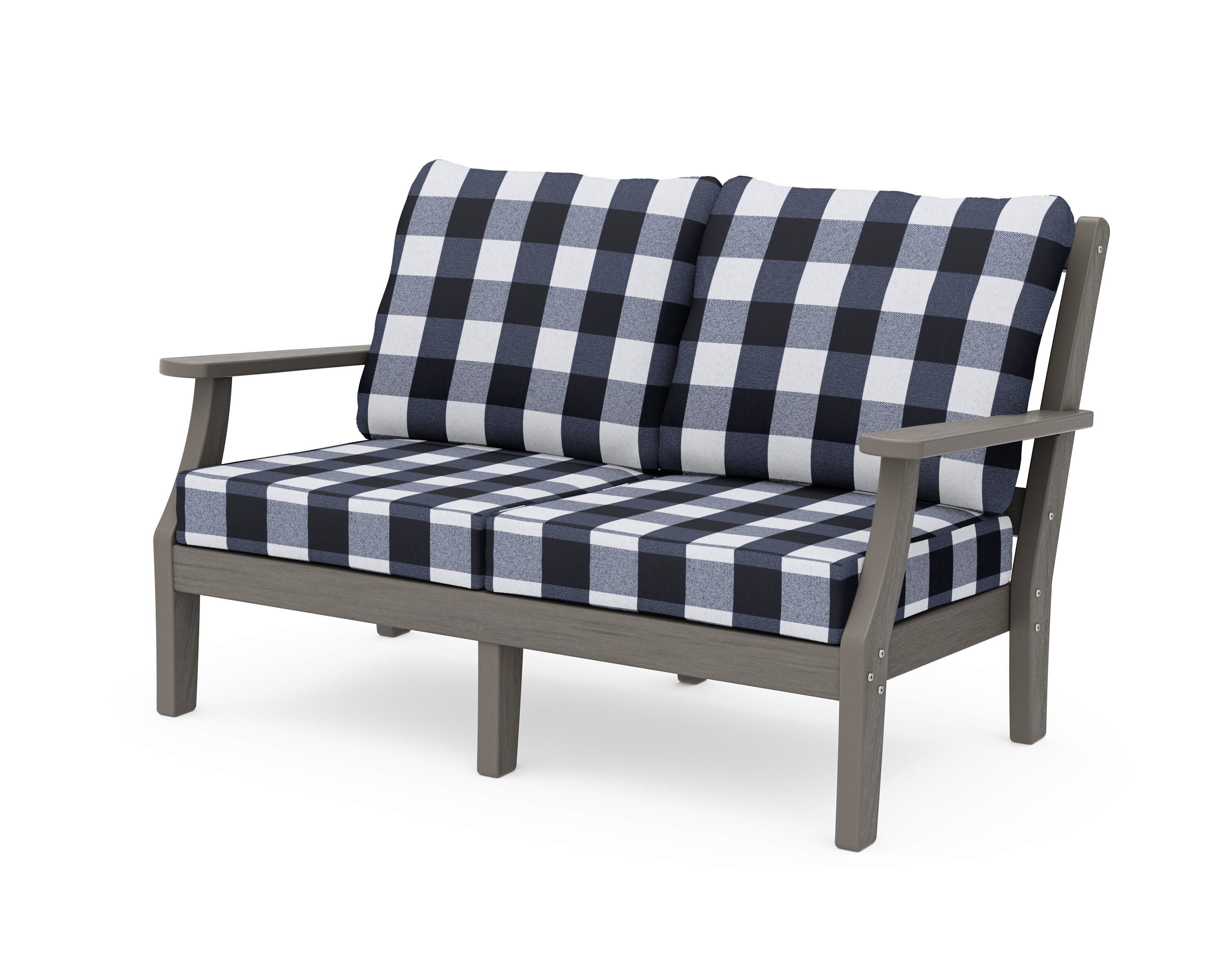 Chinoiserie Deep Seating Loveseat in Driftwood / Buffalo Plaid Marine Indigo