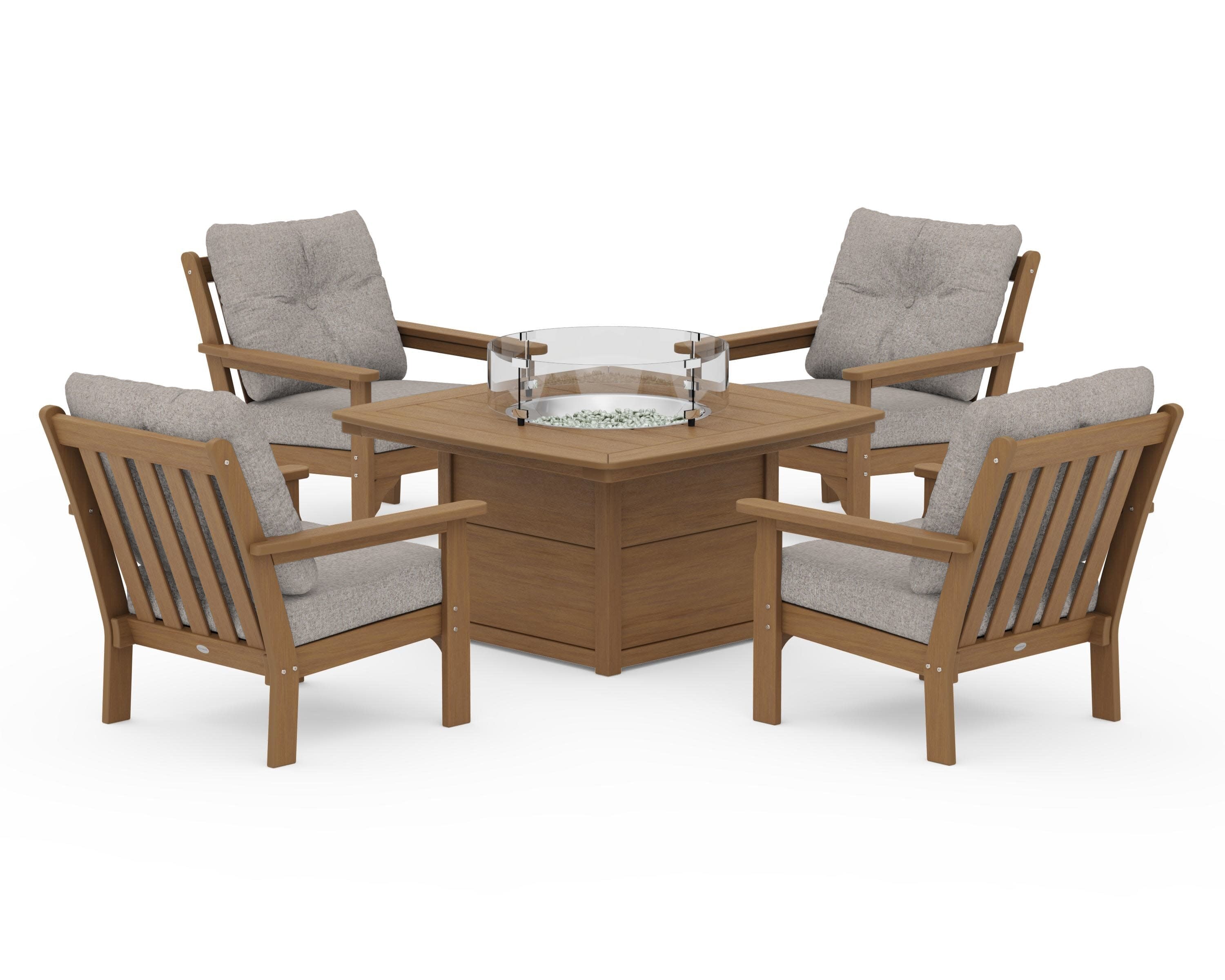 Vineyard 5-Piece Conversation Set with Fire Pit Table in Natural / Weathered Tweed
