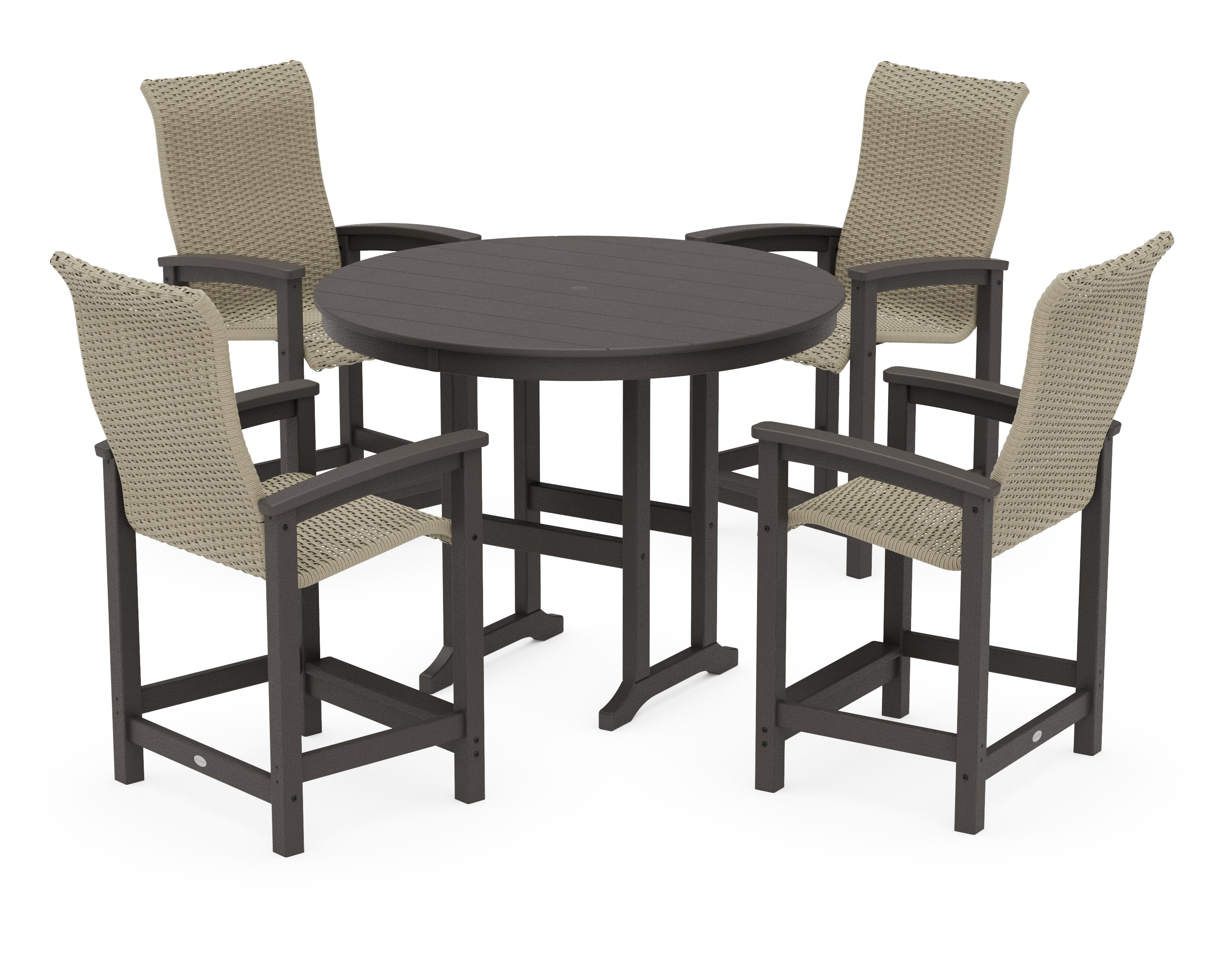 Coastal Woven High-Back 5-Piece Round Farmhouse Counter Set in Vintage Coffee / Dune Grass