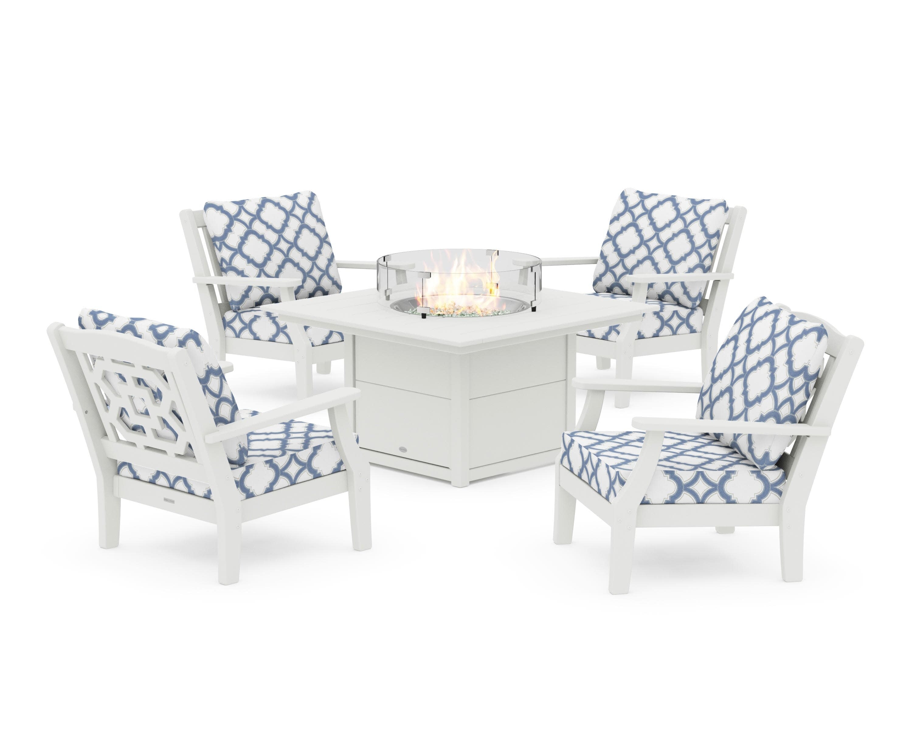 Chinoiserie 5-Piece Deep Seating Set with Fire Pit Table in Vintage White / Trellis Sky Blue