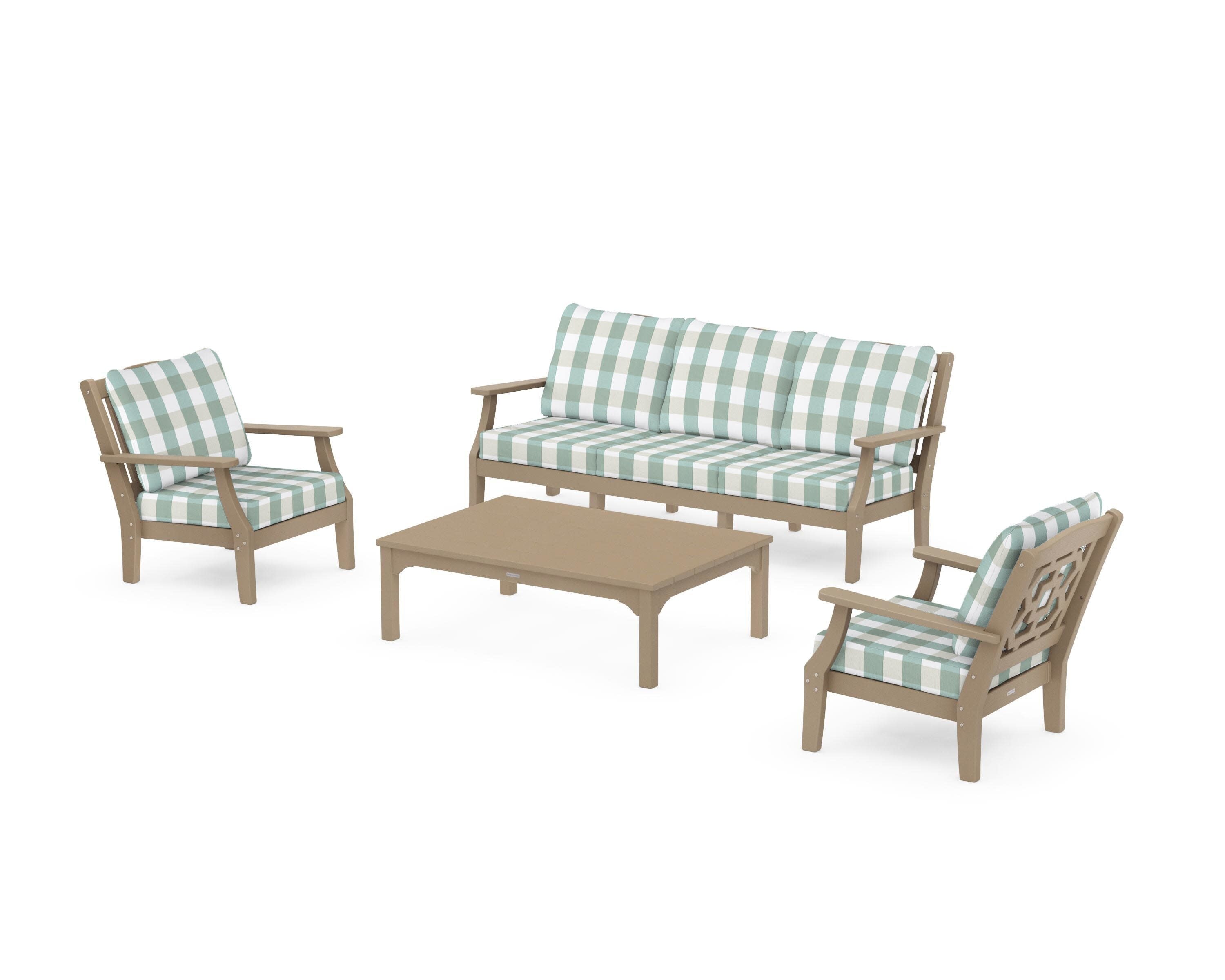Chinoiserie 4-Piece Deep Seating Set with Sofa in Vintage Sahara / Buffalo Plaid Glacier Spa