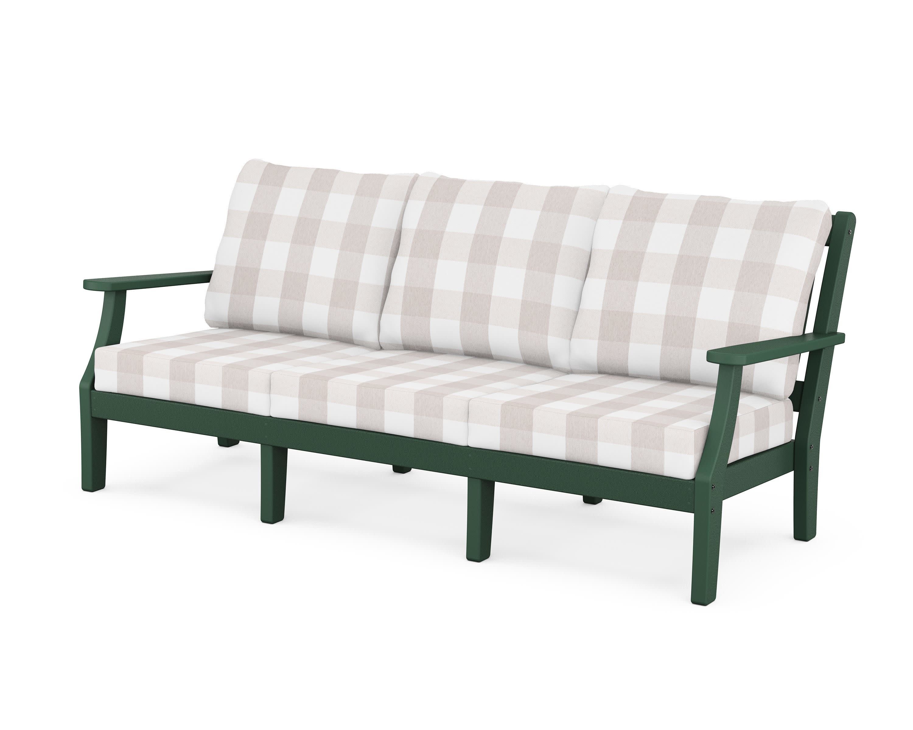 Chinoiserie Deep Seating Sofa in Green / Buffalo Plaid Dune Burlap