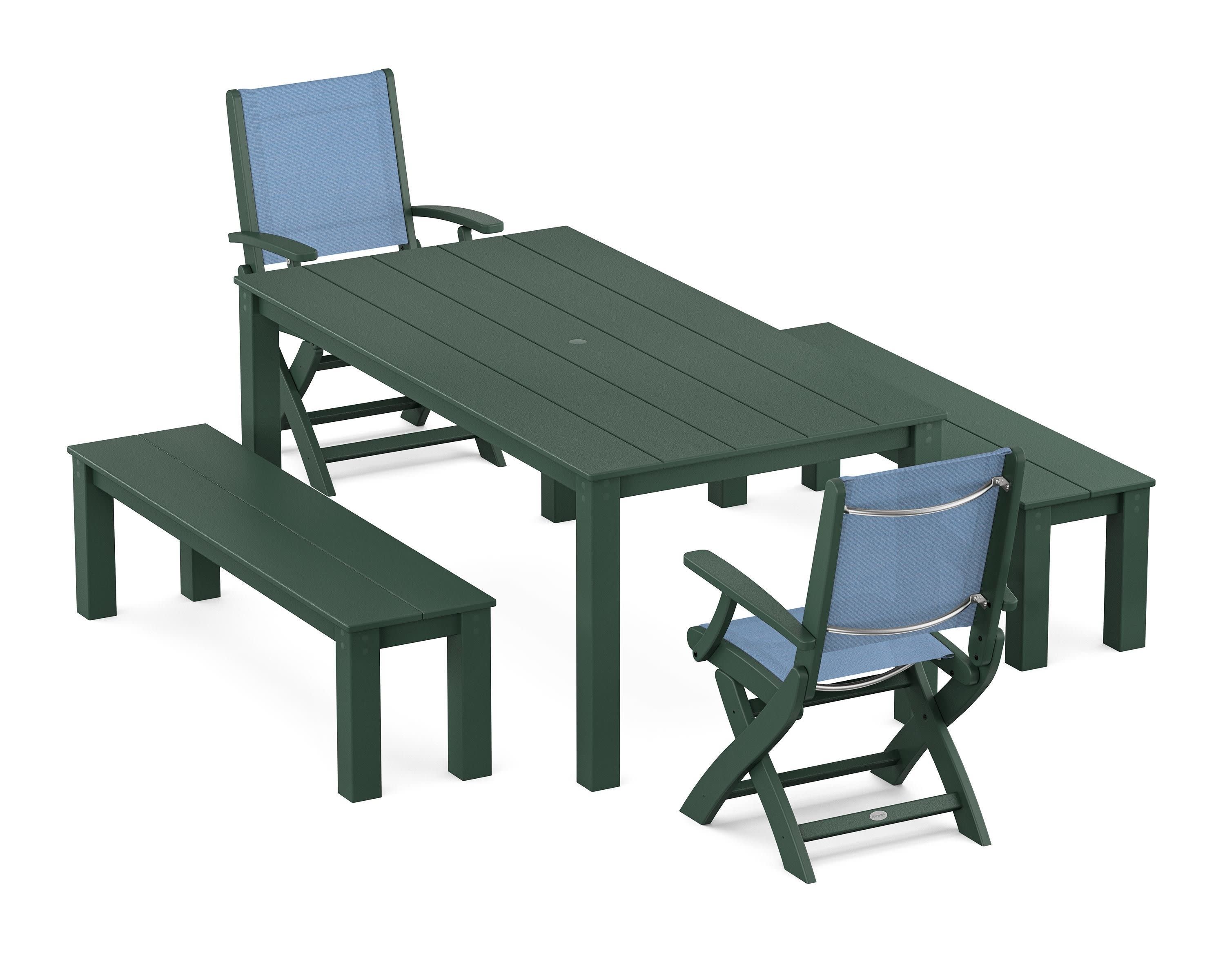 Coastal Folding Chair 5-Piece Parsons Dining Set with Benches in Green / Poolside Sling