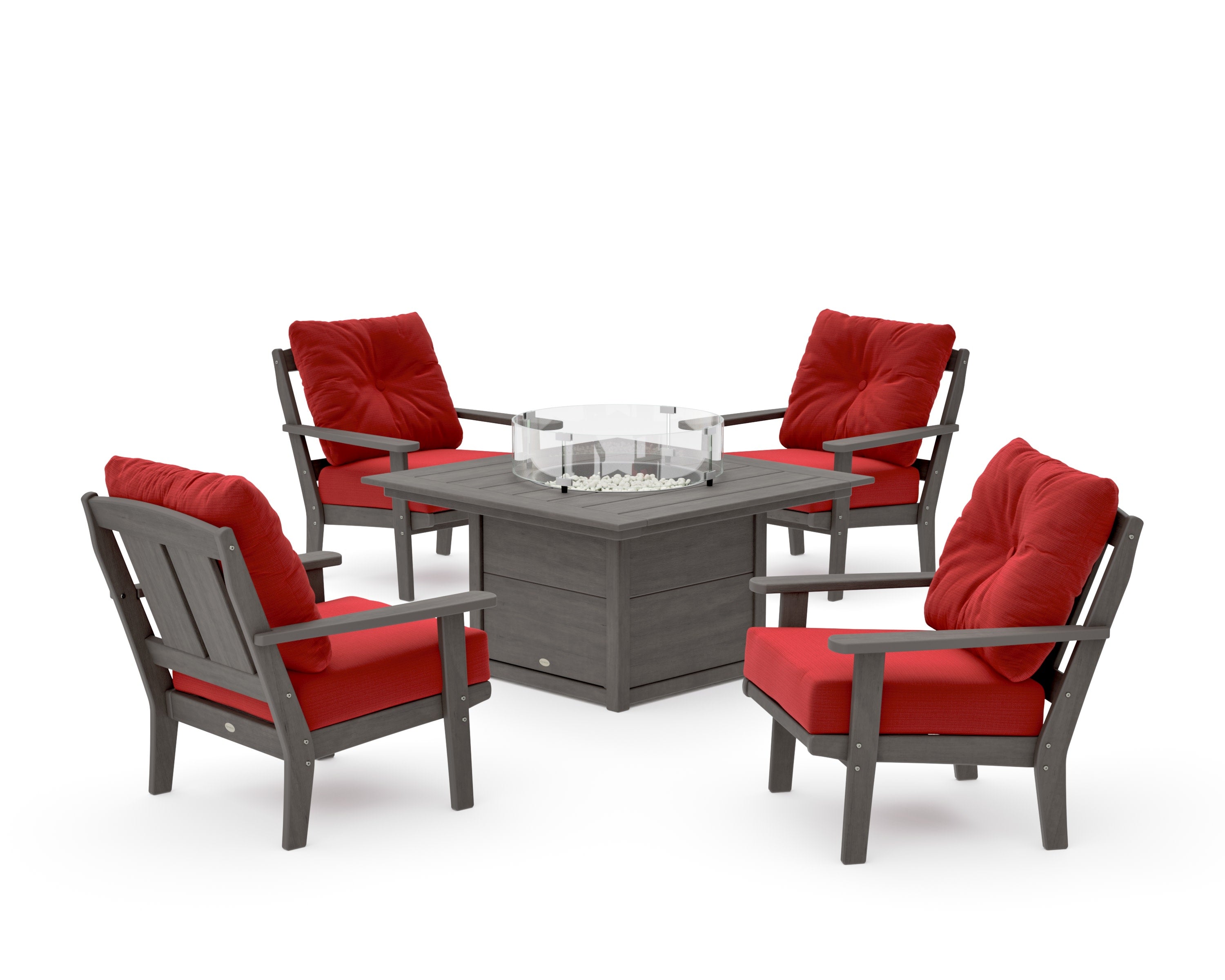 Mission 5-Piece Deep Seating Set with Fire Pit Table in Driftwood / Crimson Linen