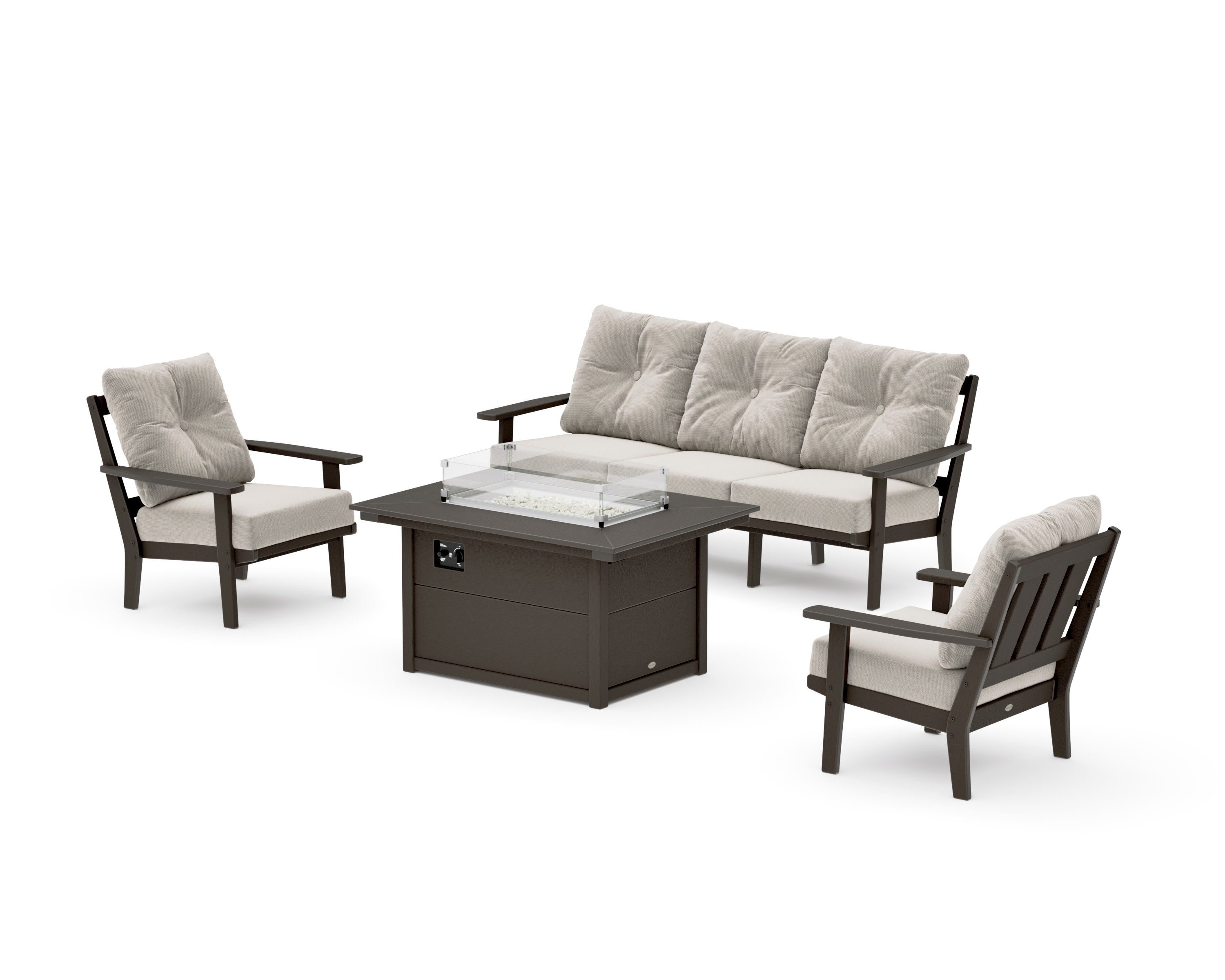 Oxford Deep Seating Fire Pit Table Set in Vintage Coffee / Dune Burlap