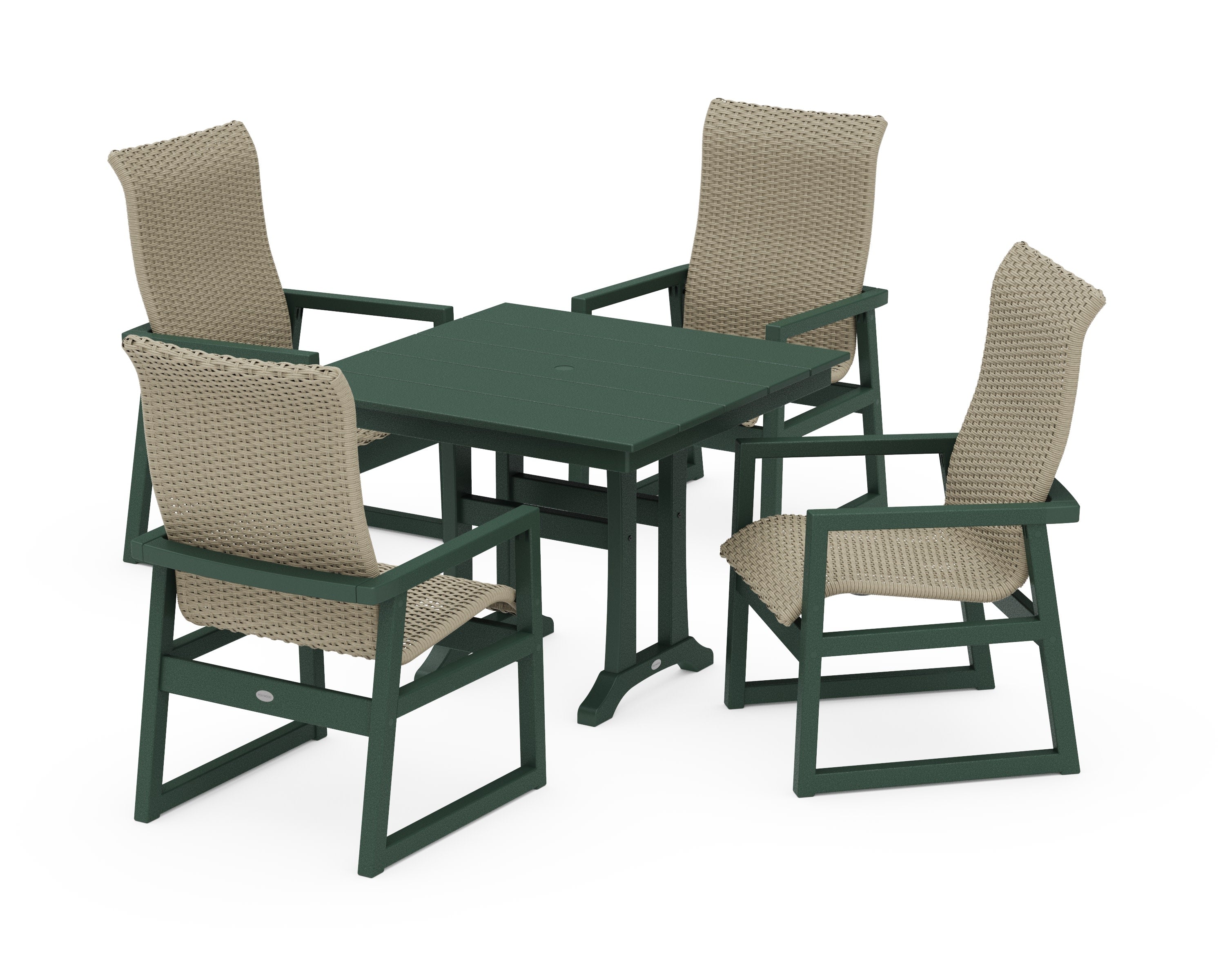 EDGE Woven Highback 5-Piece Farmhouse Dining Set with Trestle Legs in Green / Dune Grass