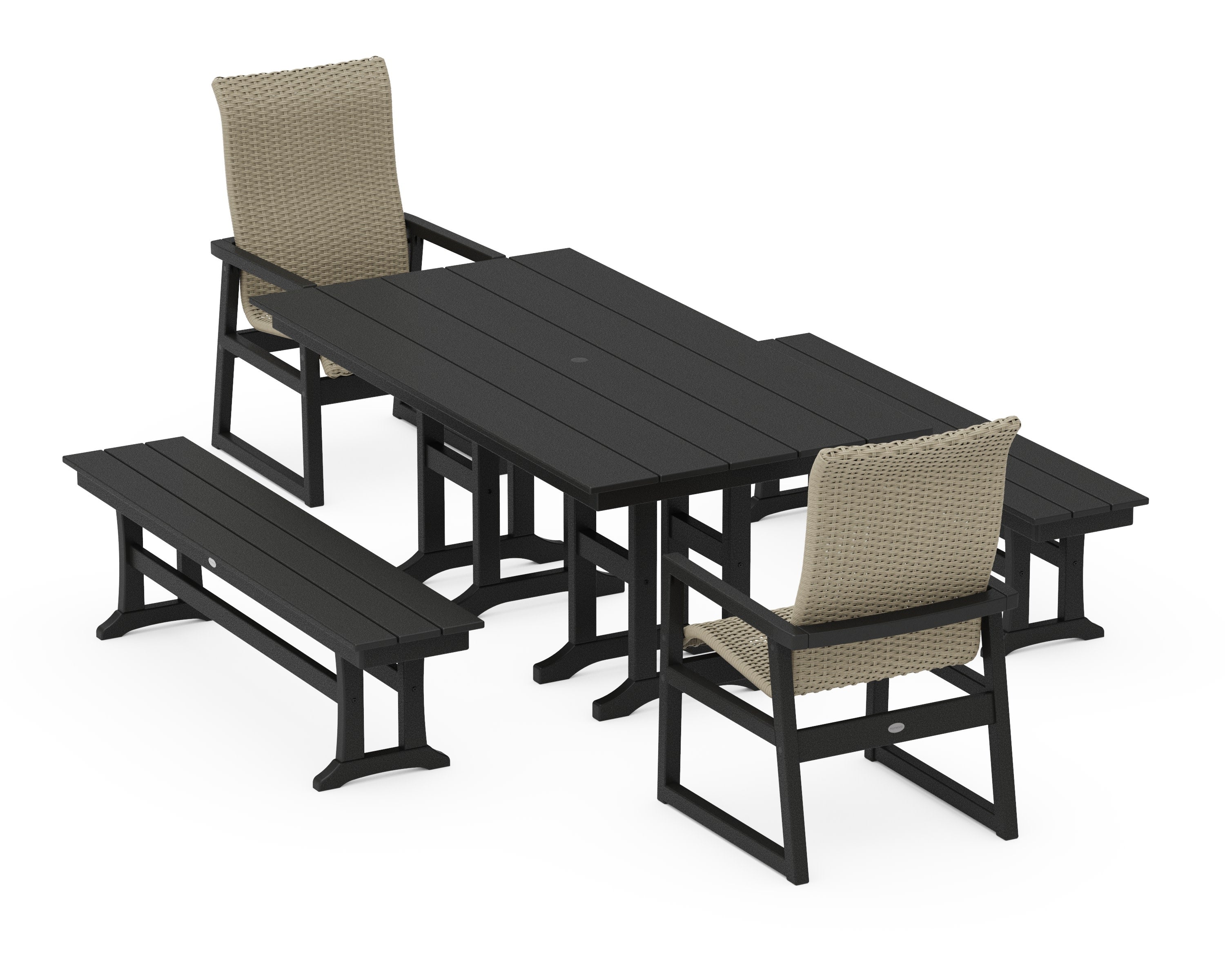 EDGE Woven Highback 5-Piece Farmhouse Dining Set with Benches in Black / Dune Grass
