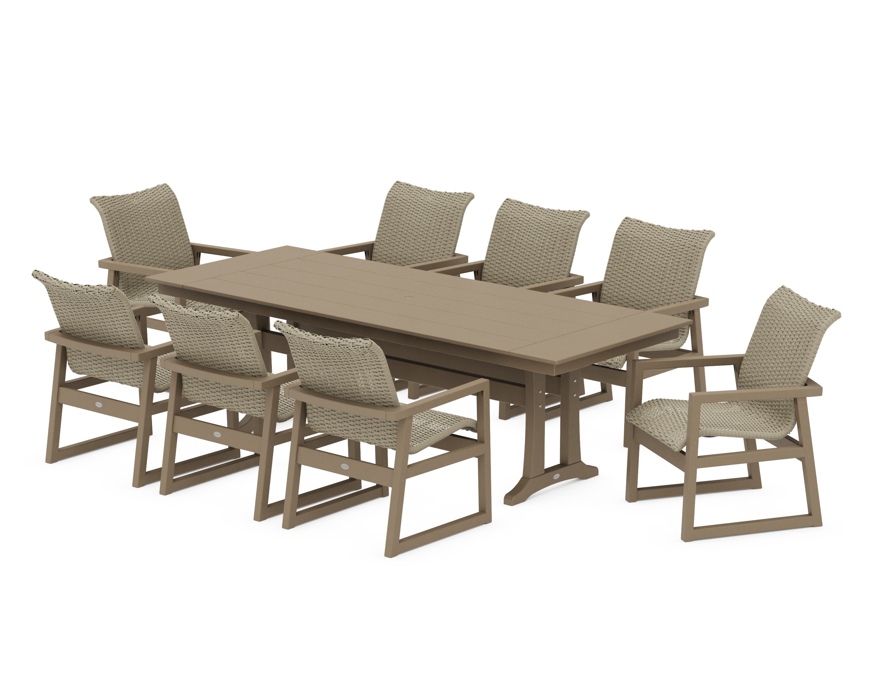 EDGE Woven 9-Piece Farmhouse Dining Set with Trestle Legs in Vintage Sahara / Dune Grass