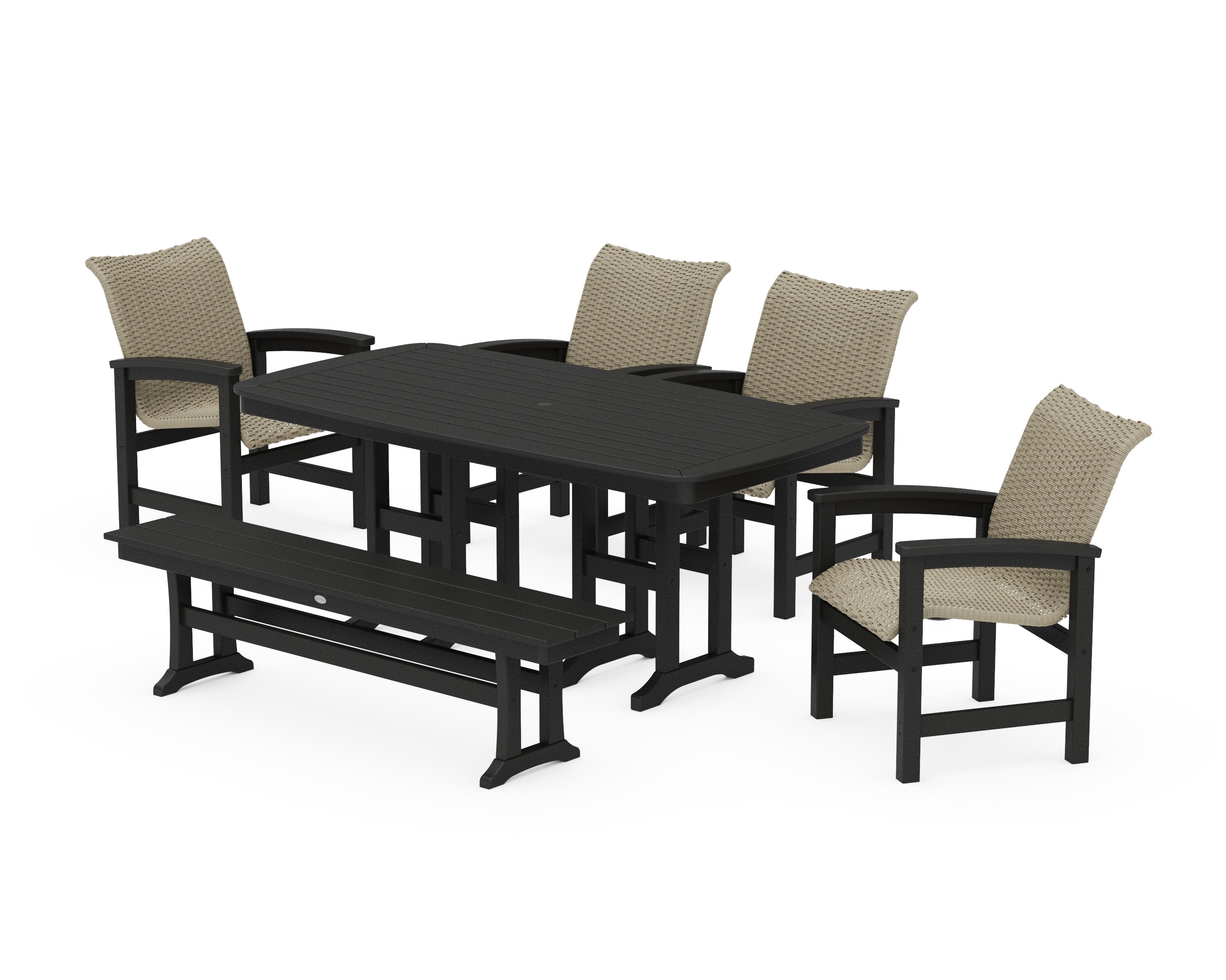 Coastal Woven 6-Piece Farmhouse Dining Set with Bench in Black / Dune Grass
