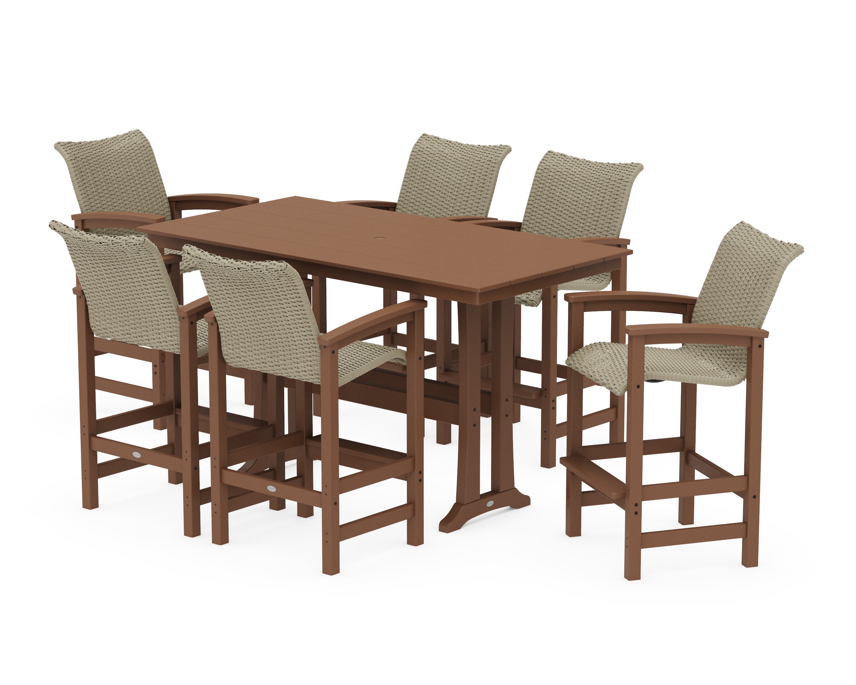 Coastal Woven Arm Chair 7-Piece Farmhouse Bar Set with Trestle Legs in Teak / Dune Grass
