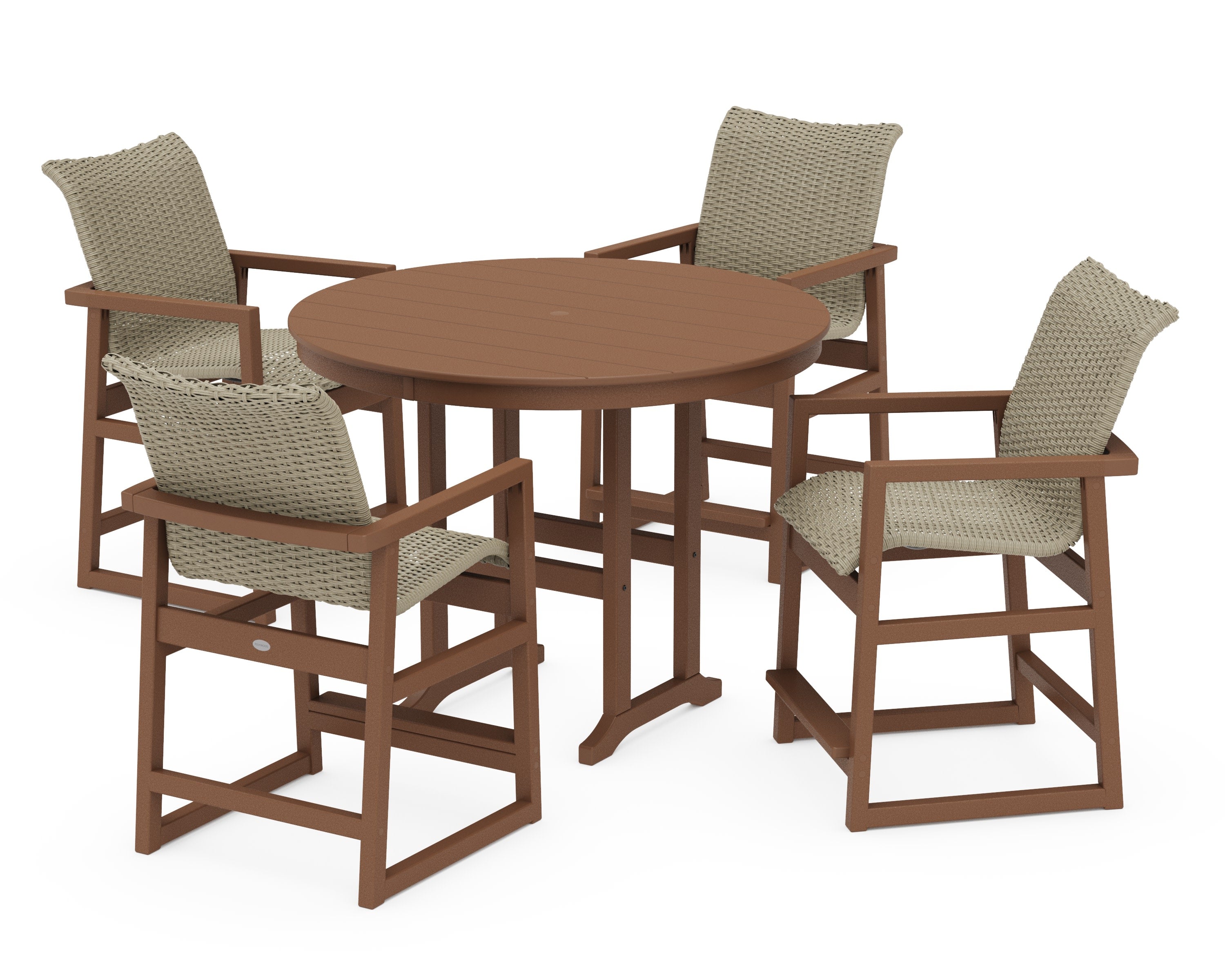 EDGE Woven 5-Piece Round Farmhouse Counter Set in Teak / Dune Grass