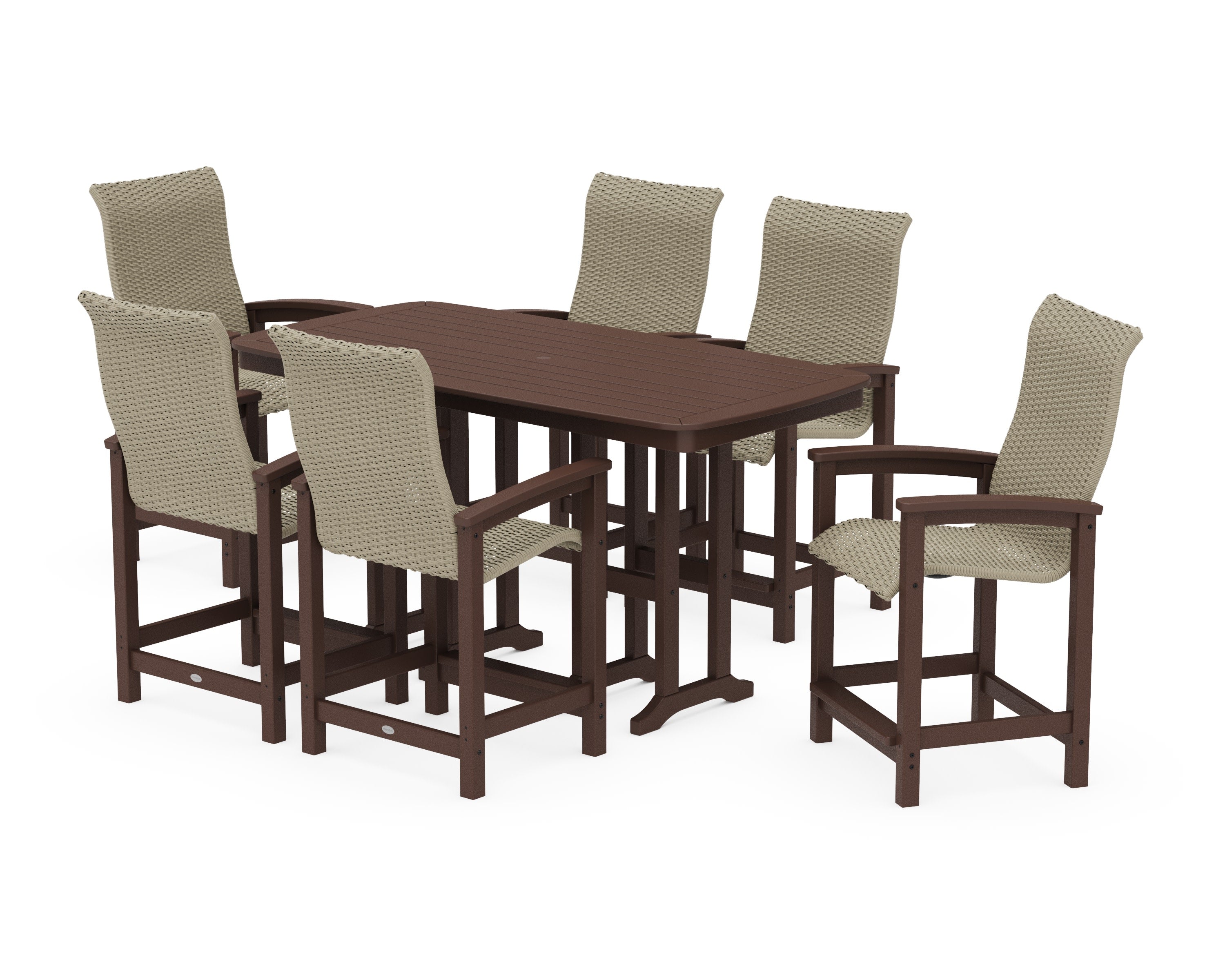 Coastal Woven High-Back Arm Chair 7-Piece Counter Set in Mahogany / Dune Grass