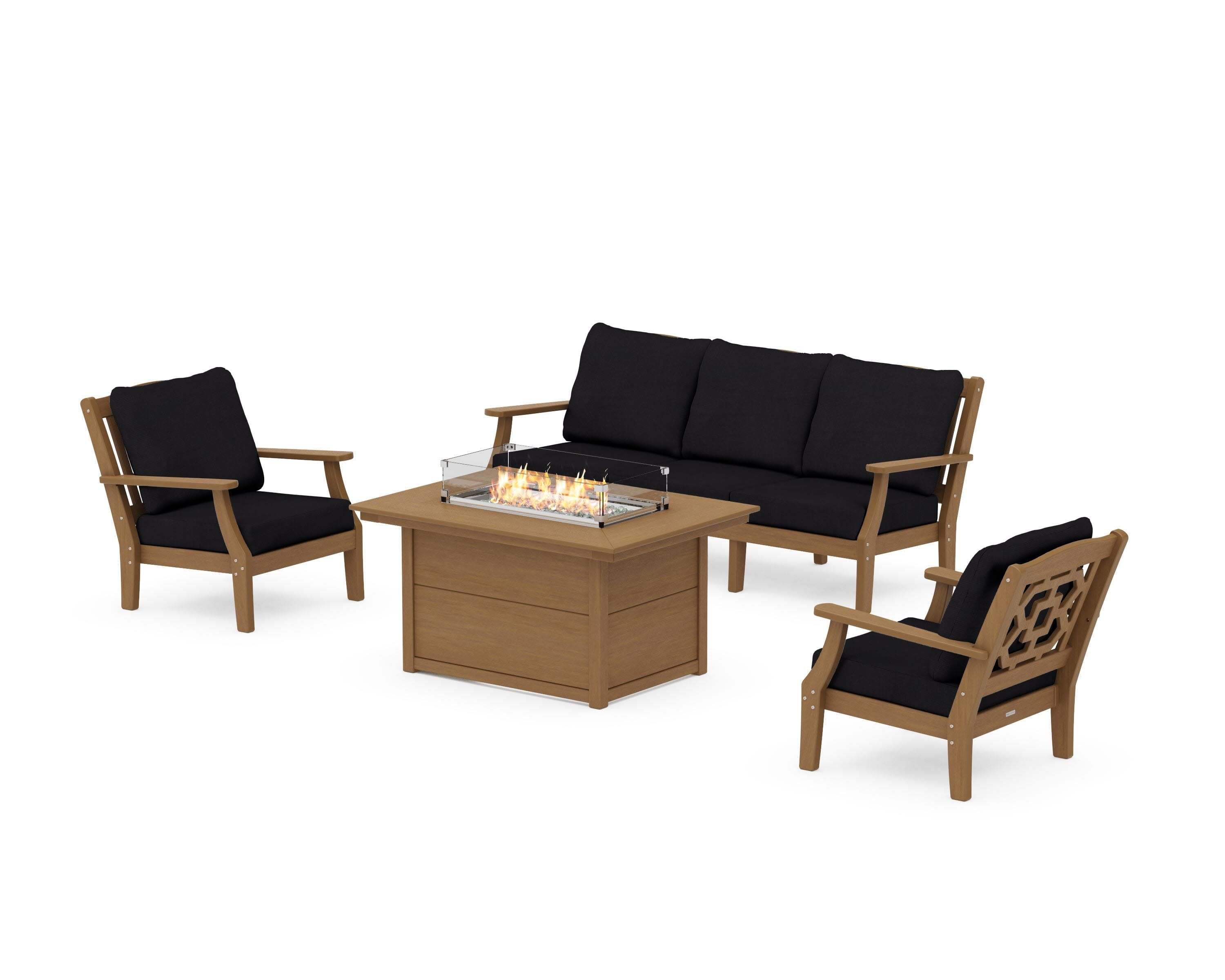 Chinoiserie Deep Seating Fire Pit Table Set in Natural / Midnight Linen