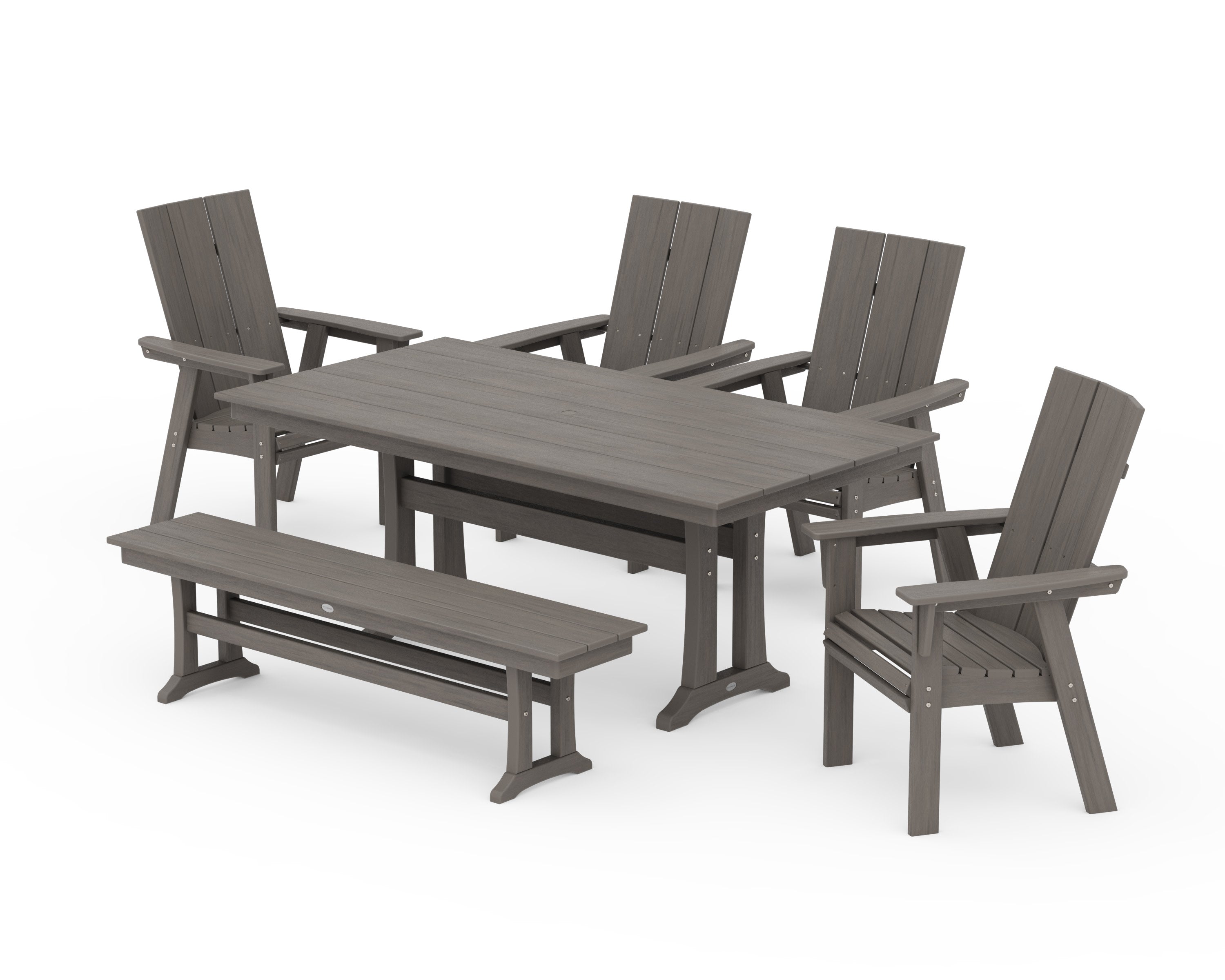 Modern Curveback Adirondack 6-Piece Farmhouse Dining Set with Trestle Legs and Bench in Driftwood