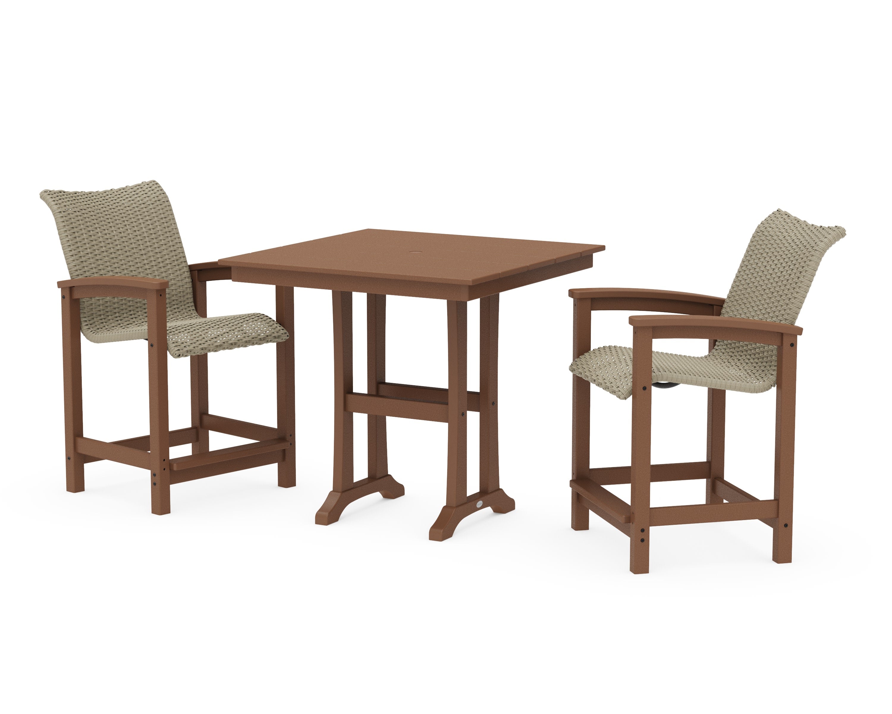 Coastal Woven 3-Piece Farmhouse Counter Set with Trestle Legs in Teak / Dune Grass