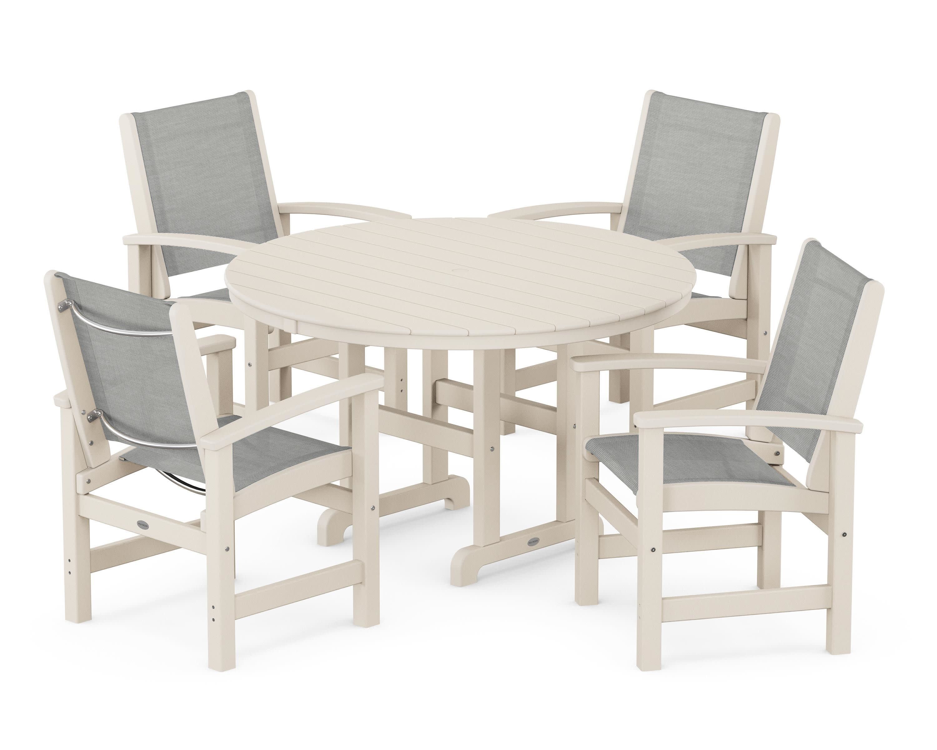 Coastal 5-Piece Round Farmhouse Dining Set in Sand / Metallic Sling