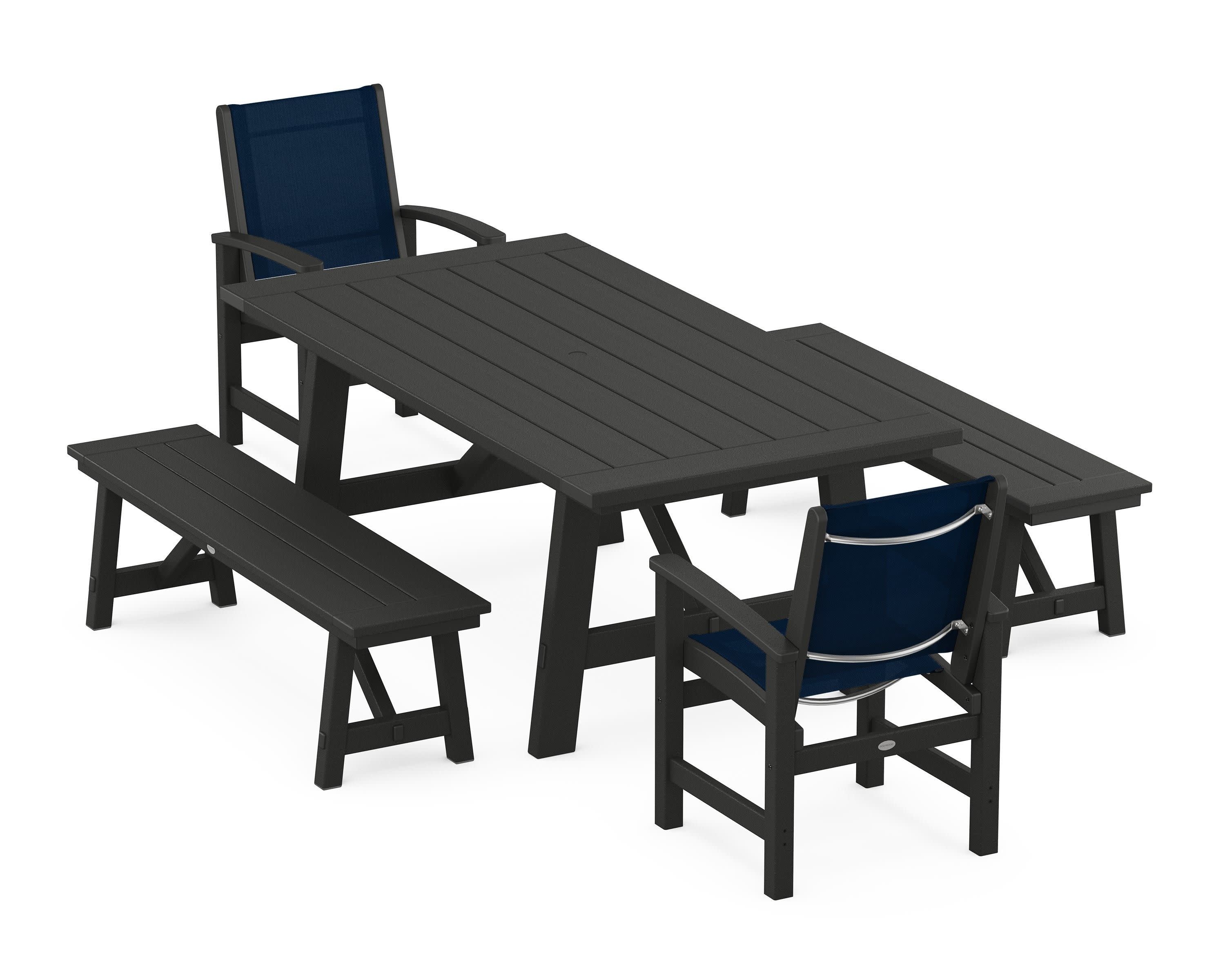 Coastal 5-Piece Rustic Farmhouse Dining Set With Benches in Black / Navy Blue Sling