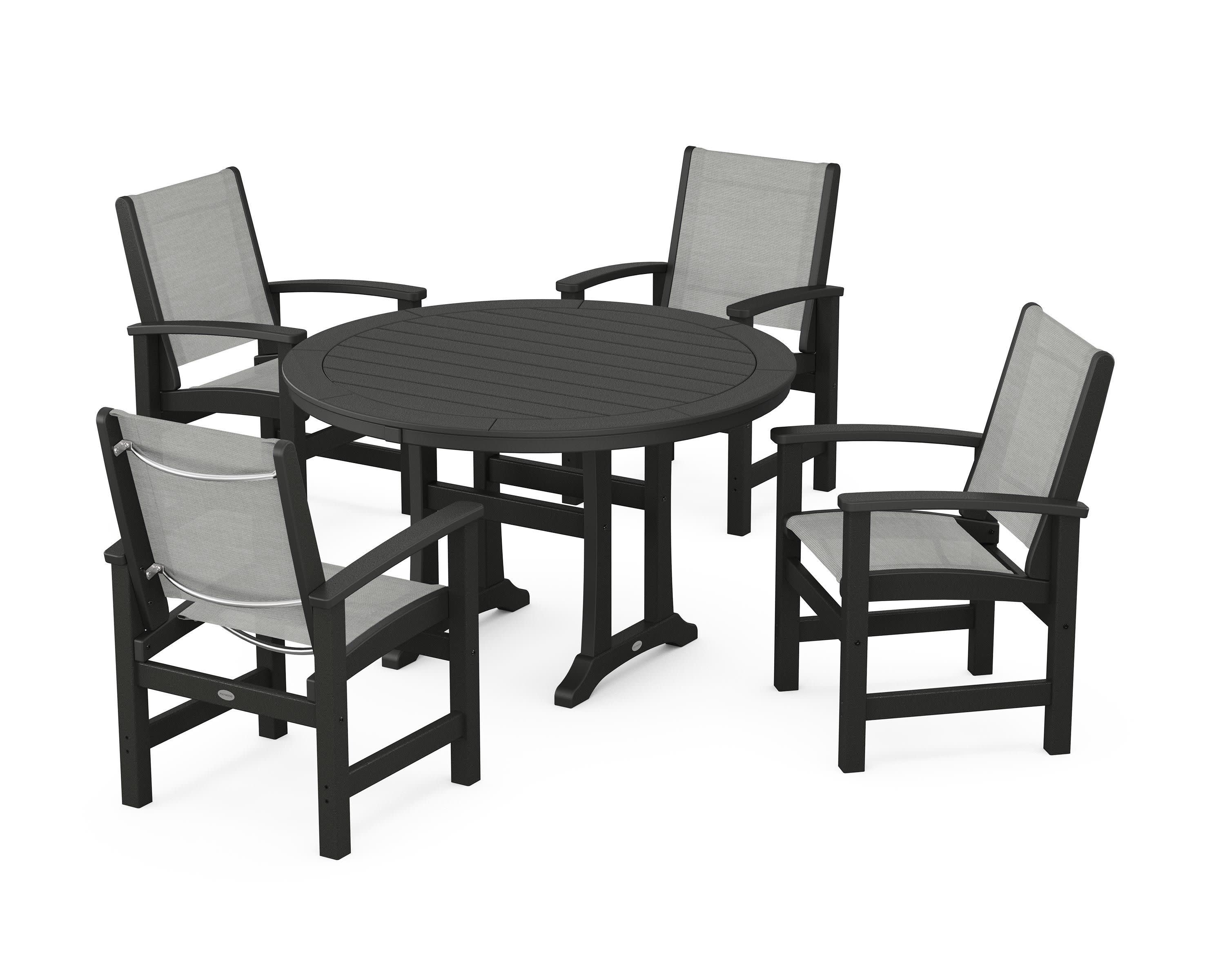 Coastal 5-Piece Round Dining Set with Trestle Legs in Black / Metallic Sling