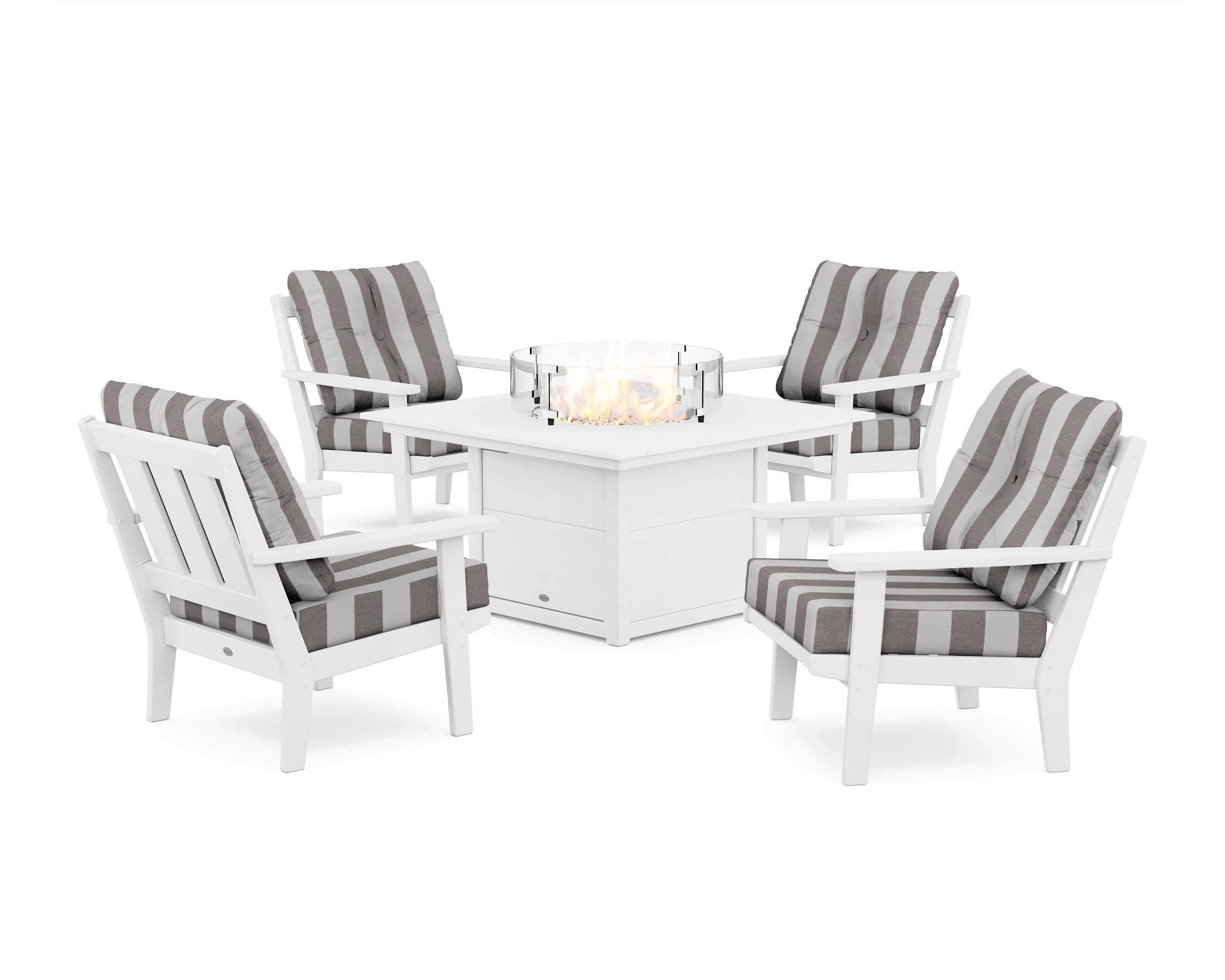 Oxford 5-Piece Deep Seating Set with Fire Pit Table in White / Cabana Stripe Grey Mist