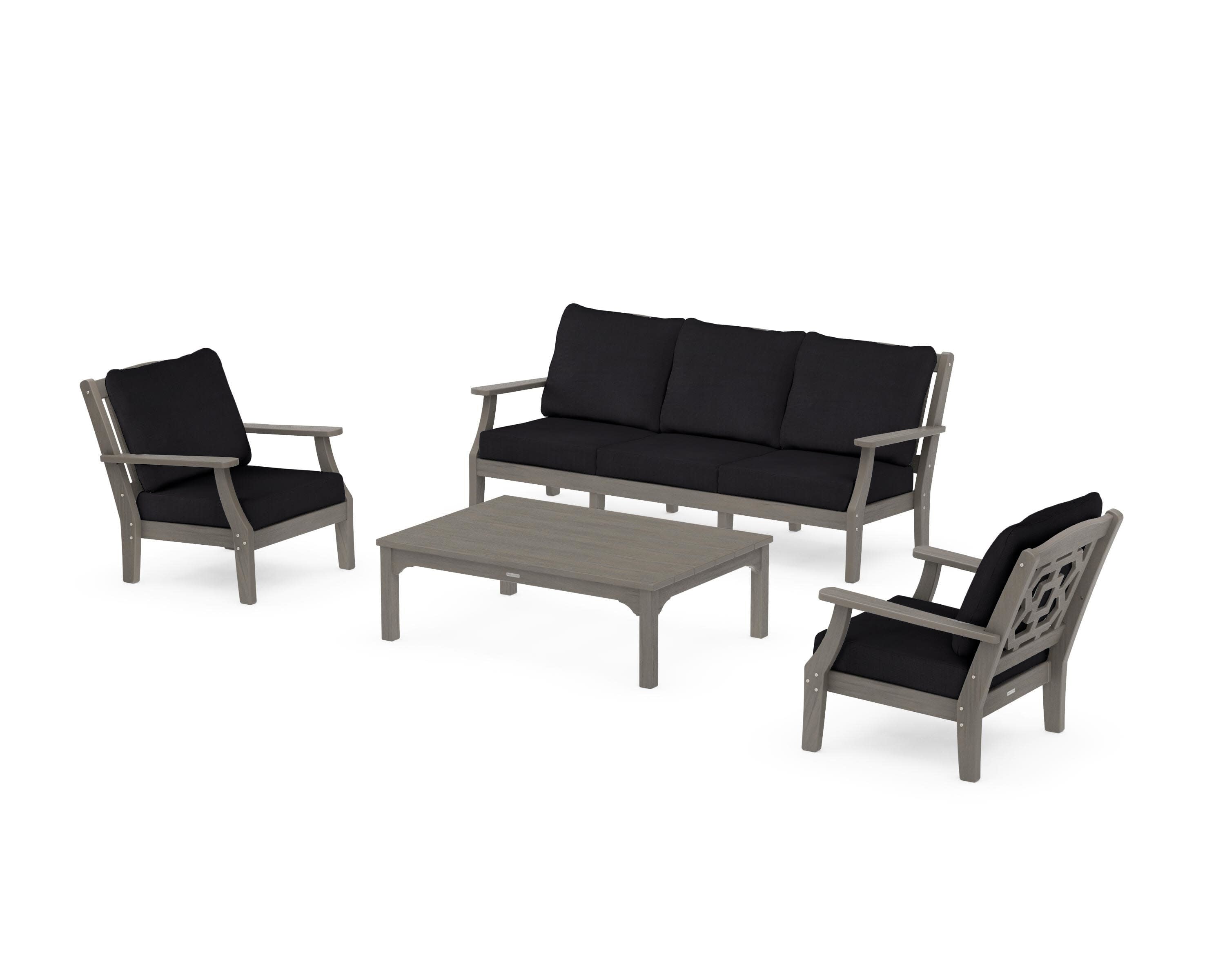 Chinoiserie 4-Piece Deep Seating Set with Sofa in Driftwood / Midnight Linen