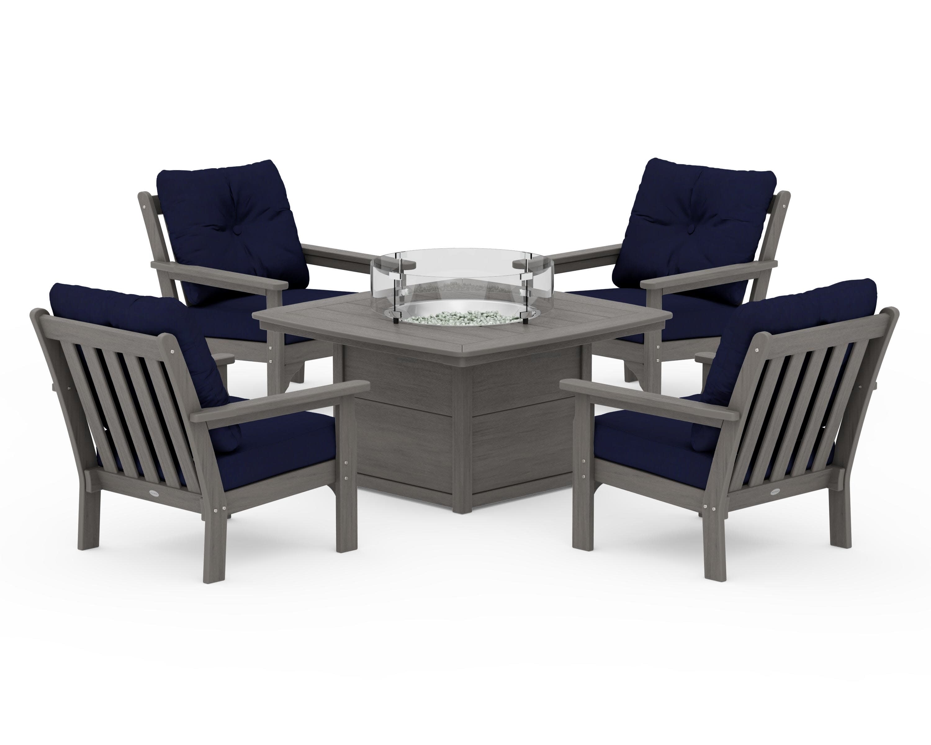 Vineyard 5-Piece Conversation Set with Fire Pit Table in Driftwood / Navy