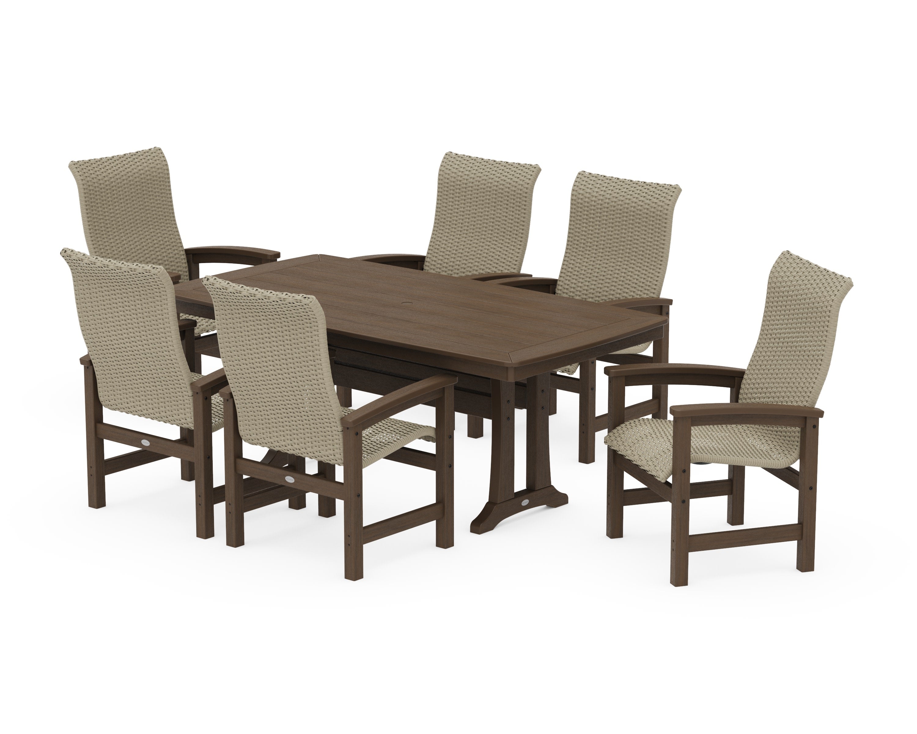 Coastal Woven High-Back Arm Chair 7-Piece Dining Set with Trestle Legs in Kona / Dune Grass