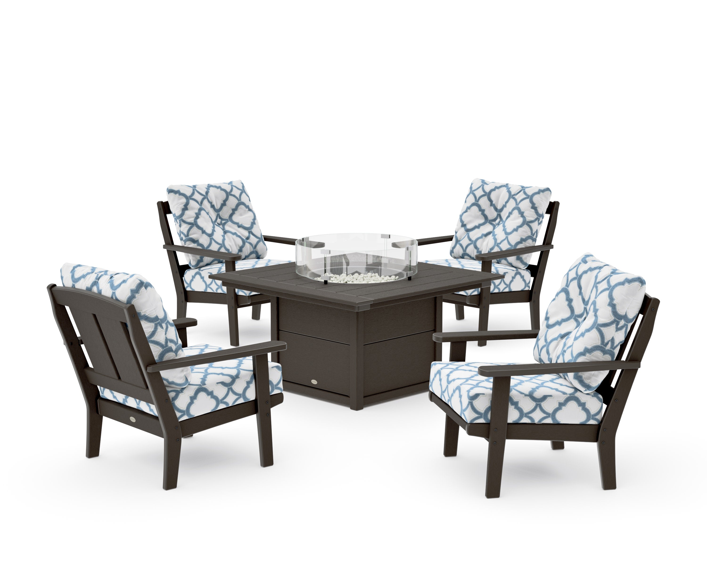 Mission 5-Piece Deep Seating Set with Fire Pit Table in Vintage Coffee / Trellis Sky Blue