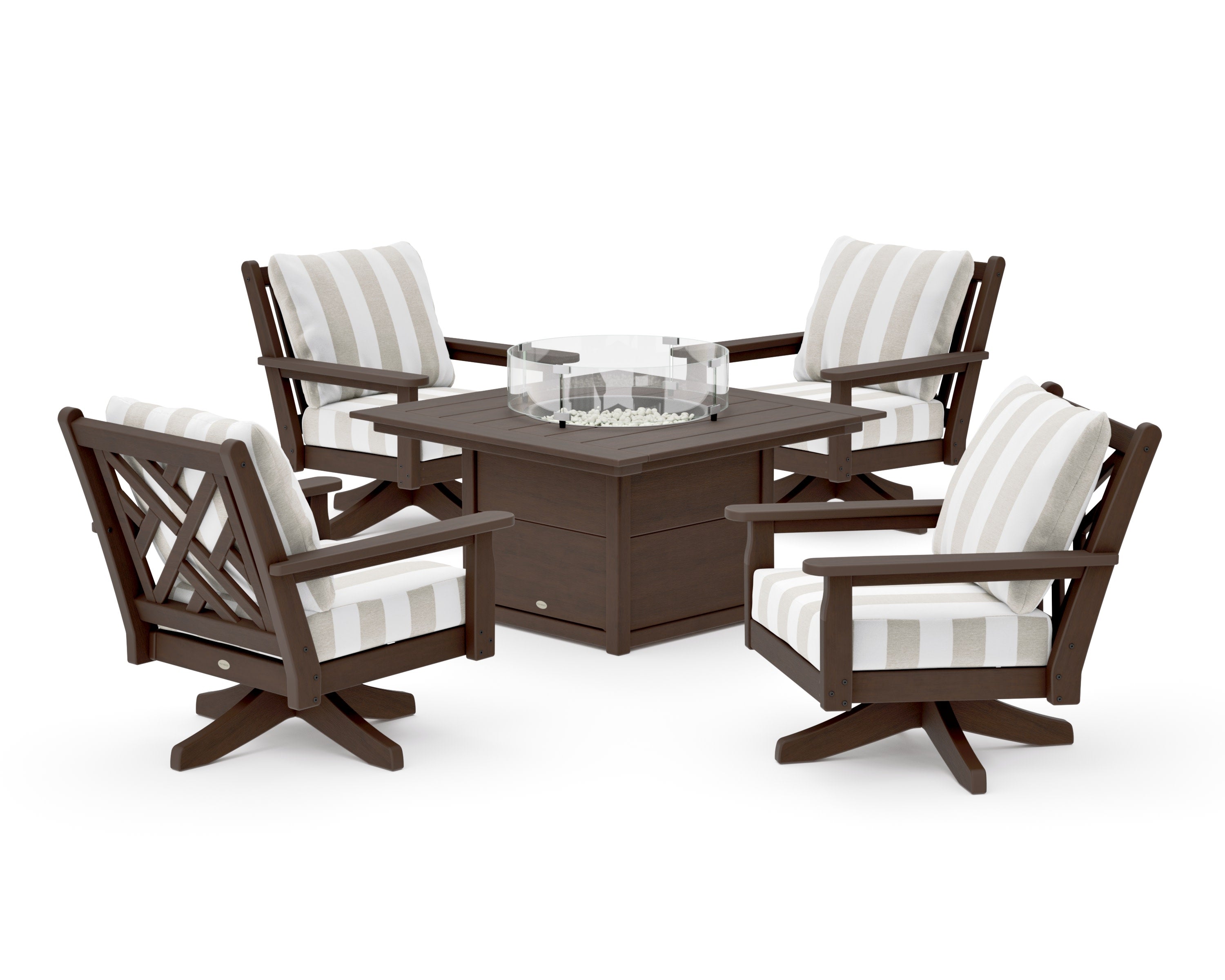 Chippendale 5-Piece Deep Seating Swivel Conversation Set with Fire Pit Table in Kona / Cabana Stripe Dune Burlap