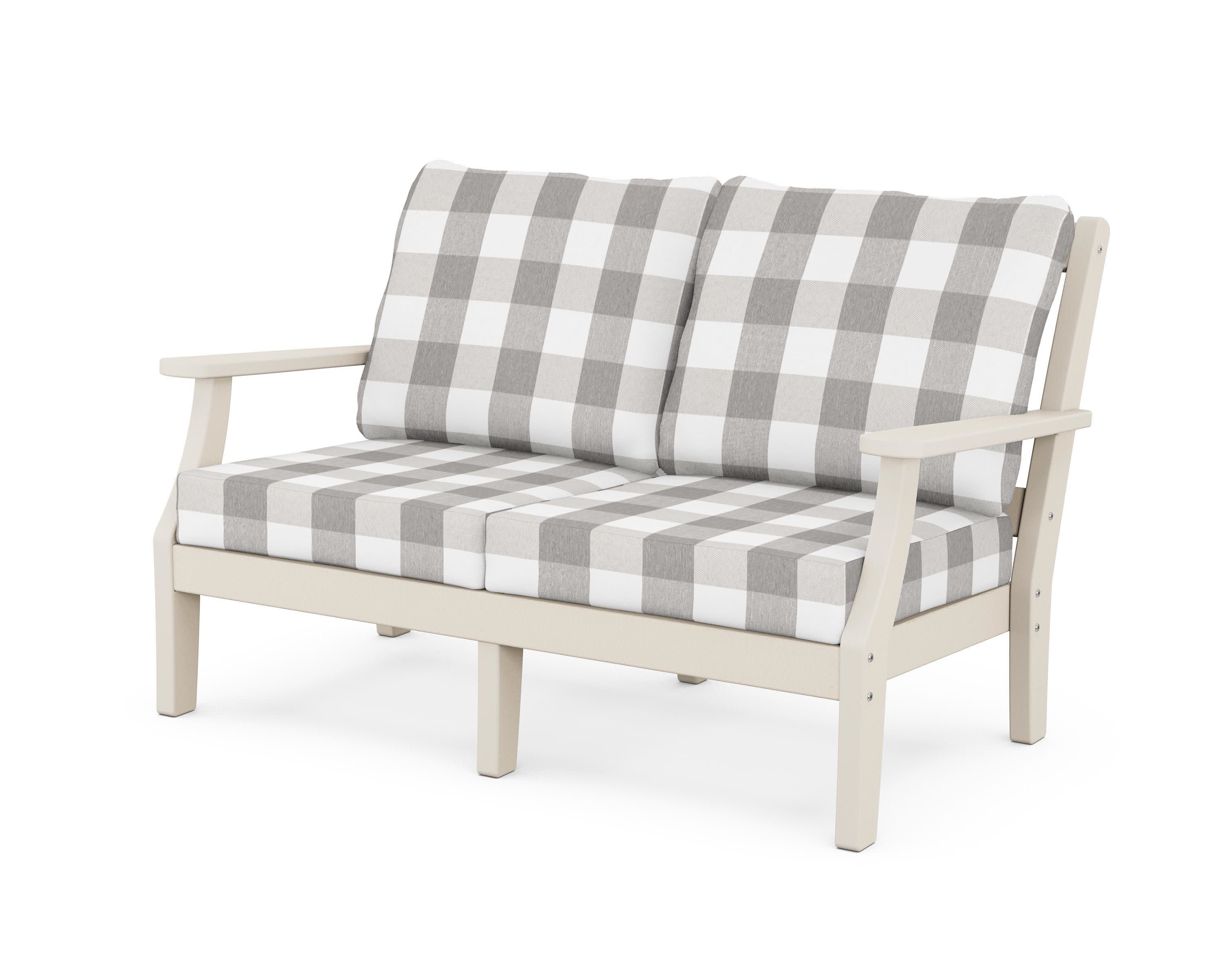 Chinoiserie Deep Seating Loveseat in Sand / Buffalo Plaid Grey Mist