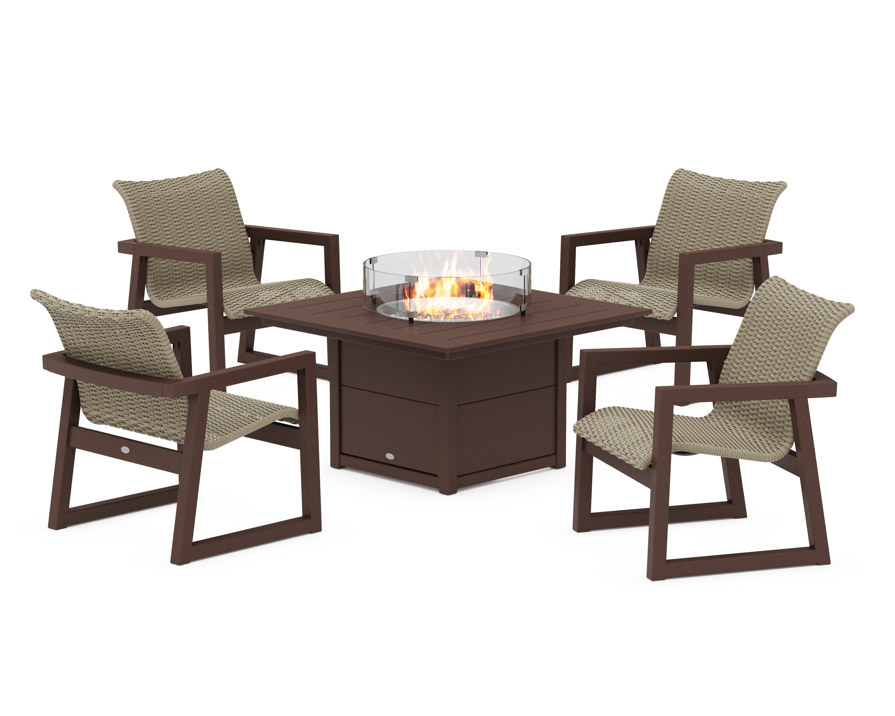 EDGE Woven 5-Piece Lounge Chair Seating Set with Fire Pit Table in Mahogany / Dune Grass