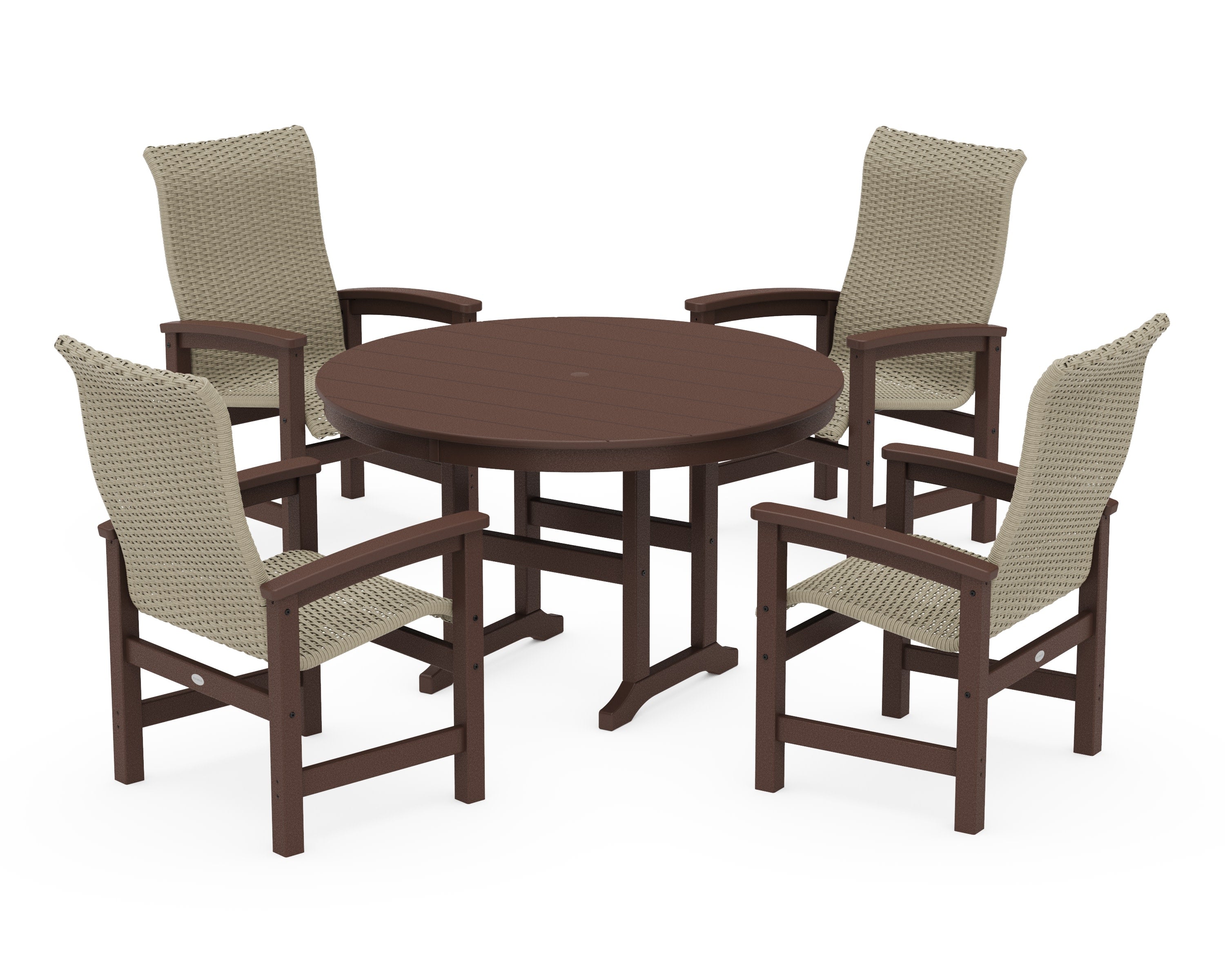 Coastal Woven High-Back 5-Piece Round Farmhouse Dining Set in Mahogany / Dune Grass