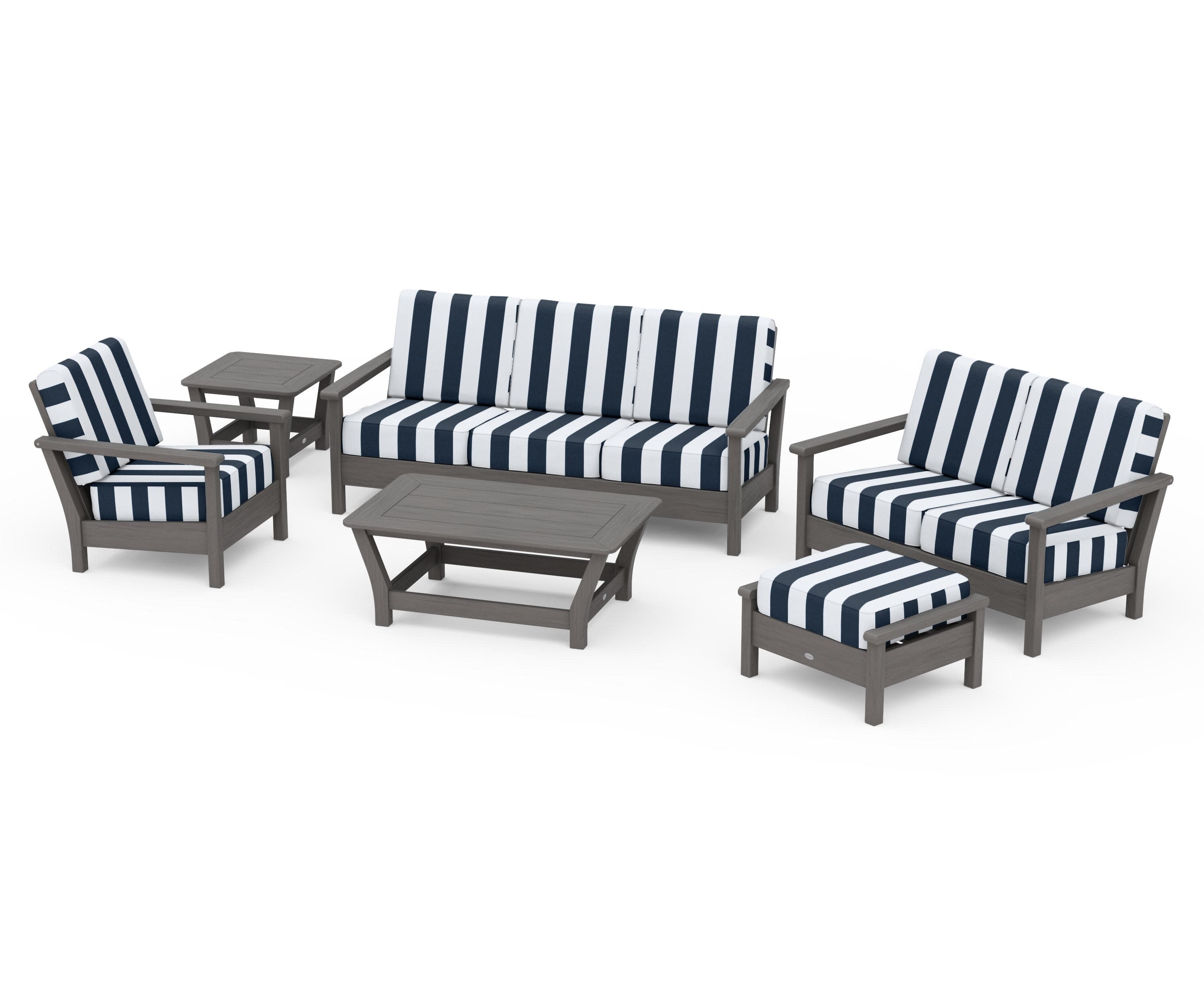 Harbour 6-Piece Outdoor Living Set in Driftwood / Cabana Stripe Marine Indigo
