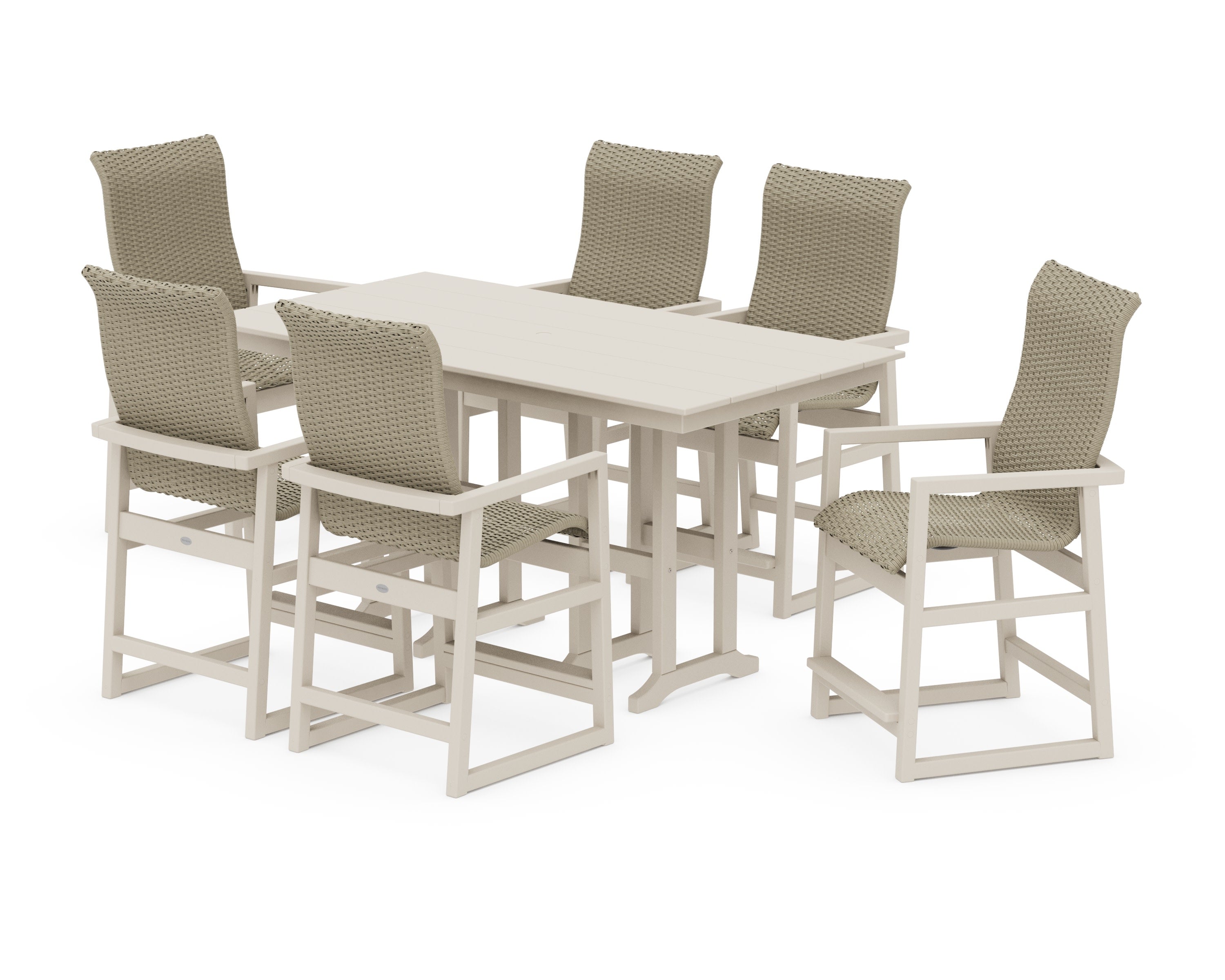 EDGE Woven Highback Arm Chair 7-Piece Farmhouse Counter Set in Sand / Dune Grass