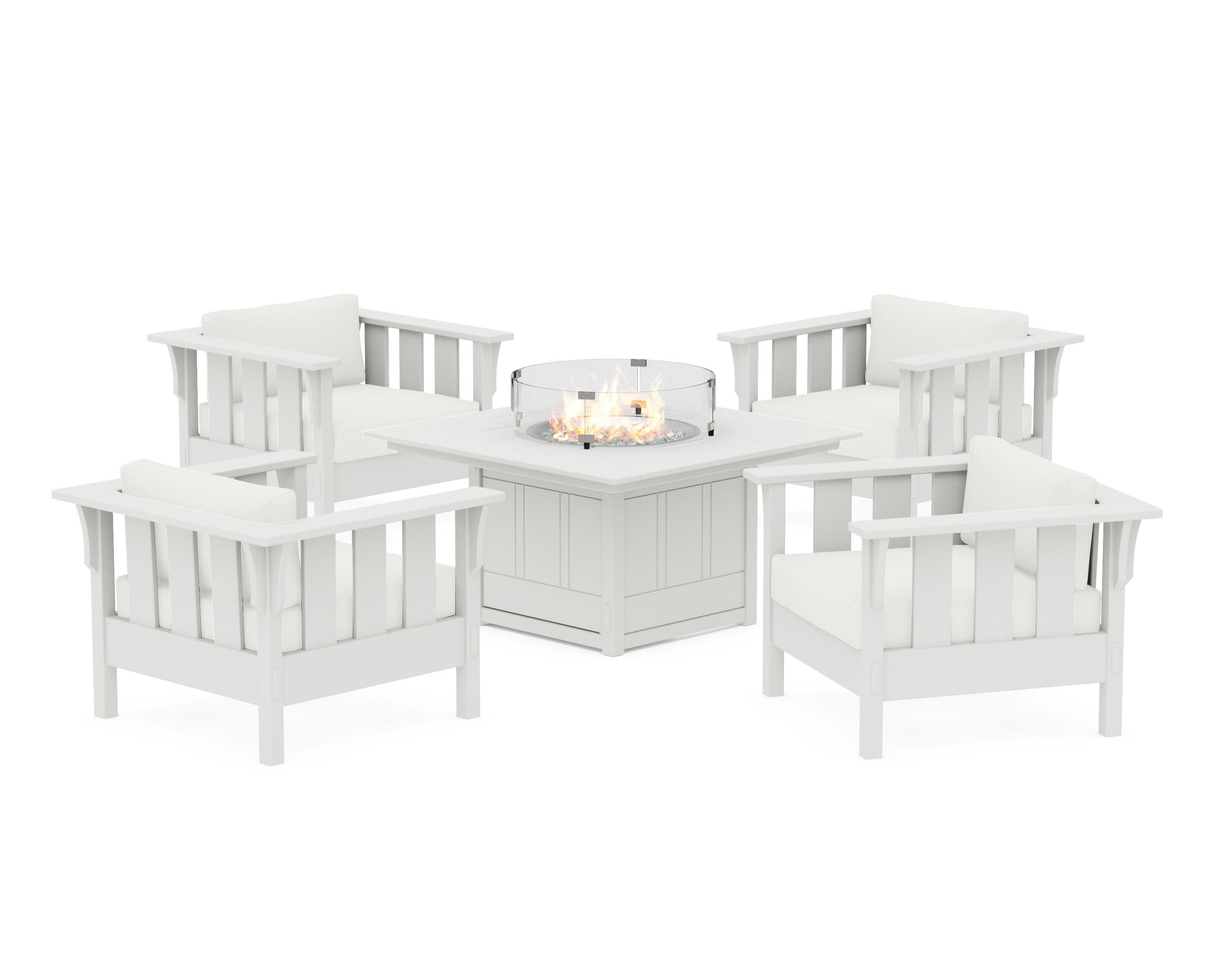 Acadia 5-Piece Deep Seating Set with Fire Pit Table in Vintage White / Natural Linen